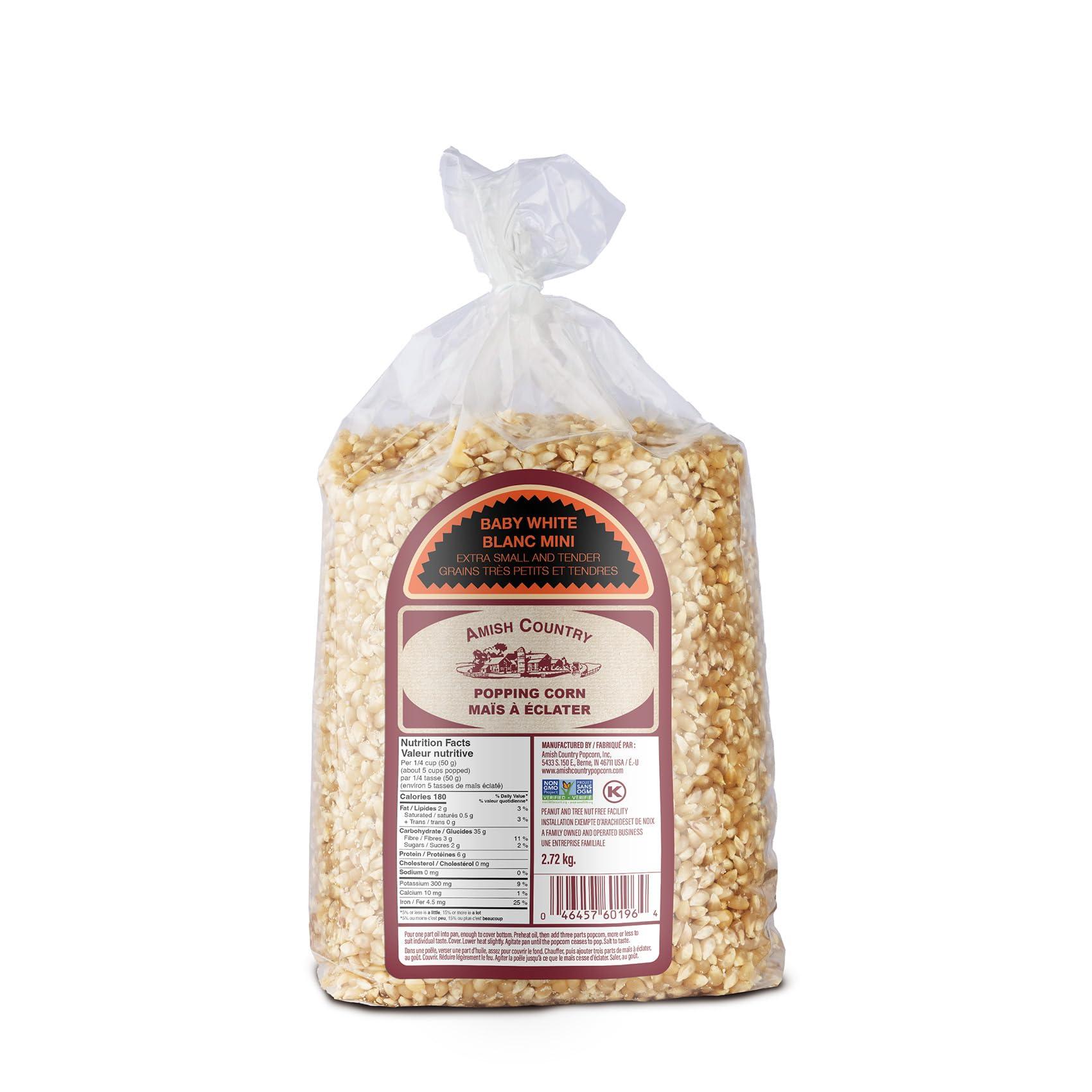 Amish Country Popcorn | 6 lb Bag | Baby White Popcorn Kernels | Small & Tender Popcorn | Old Fashioned, Non-GMO and Gluten Free (Baby White - 6 lb Bag)