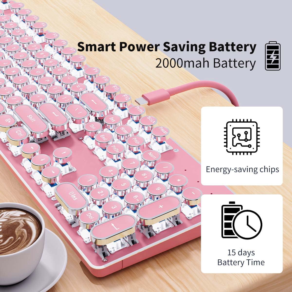 TK950 Wireless Typewriter Keyboard and Mouse Combo, 104 Keys Retro Typewriter Mechanical Keyboard with White Backlit, Anti-Ghosting, Blue Switch, Bluetooth/2.4G/Wired Cute Gaming Keyboards-Pink - Image 7