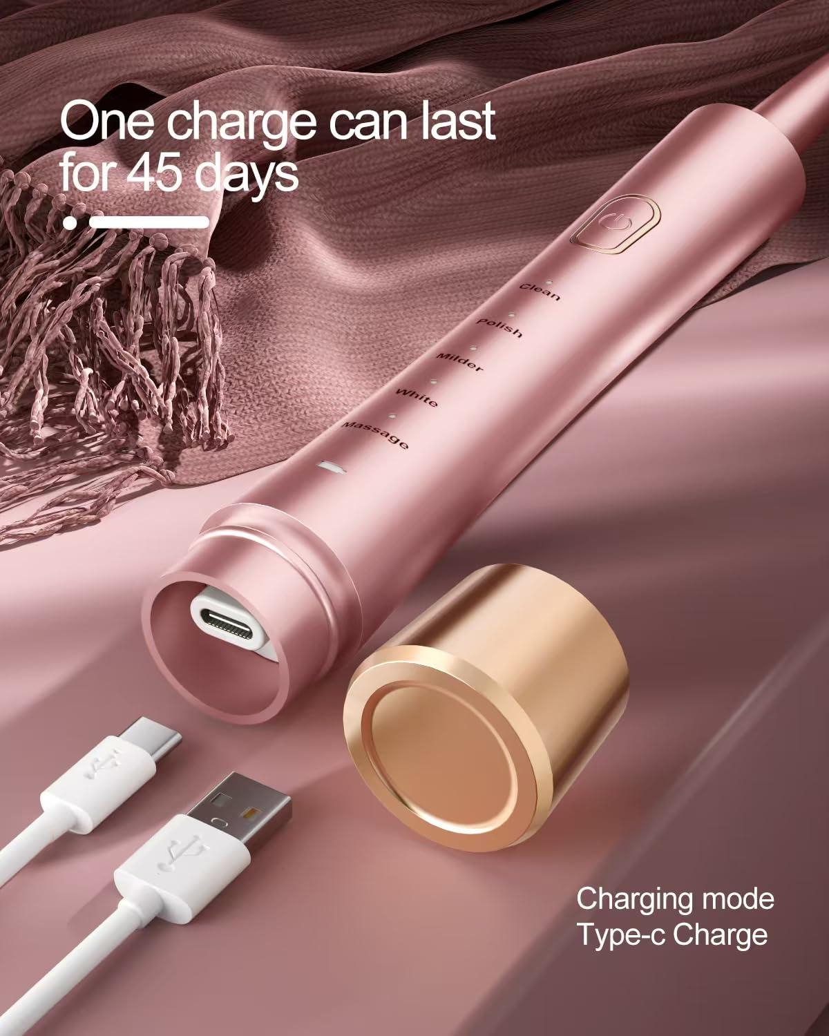 AJELU Sonic Electric Toothbrush for Adults, USB Rechargeable Sonic Toothbrush with 8 Brush Heads, Smart Timer, 5 Modes, 2-Hour Fast Charge Last 30 Days, Pink - Image 4