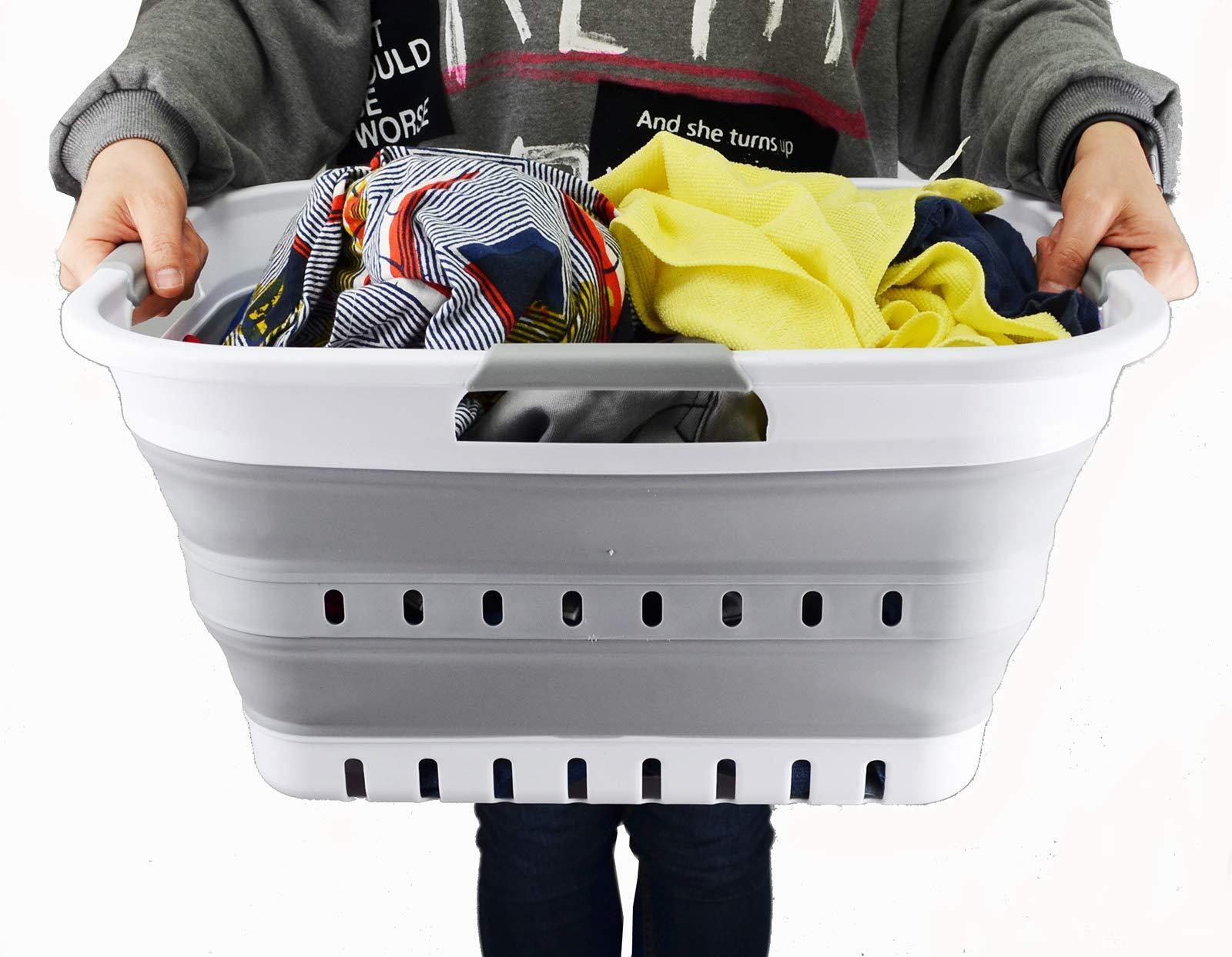 SAMMART 30L (8 gallon) Collapsible 3 Handled Plastic Laundry Basket - Foldable Pop Up Storage Container/Organizer - Space Saving Hamper/Basket (White/Grey) - Image 7