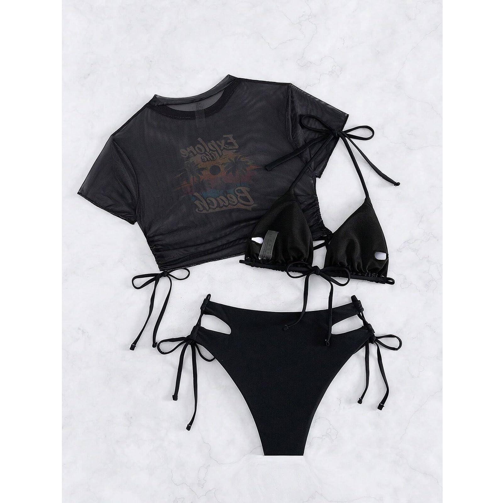 Sexybody Women's 3 Piece Swimsuit Halter String Bikini Tie Side Mesh Short Sleeve Bathing Suits - Image 6