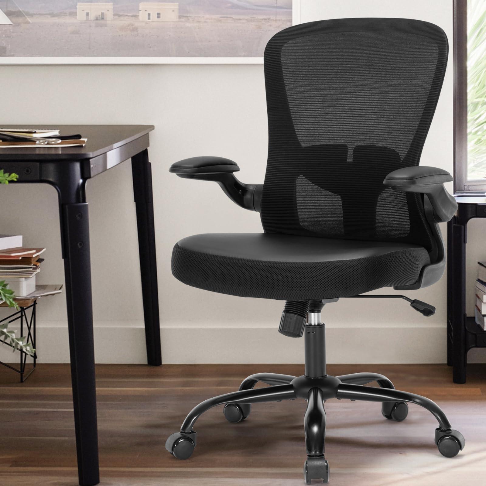 HOMIFYCO Office Chair, Ergonomic Desk Chair with Flip-up Armrests, PU Leather Computer Chair Home Office Desk Chairs with Lumbar Support, Mesh Swivel Executive Chair Rolling Task Chair, Black - Image 9