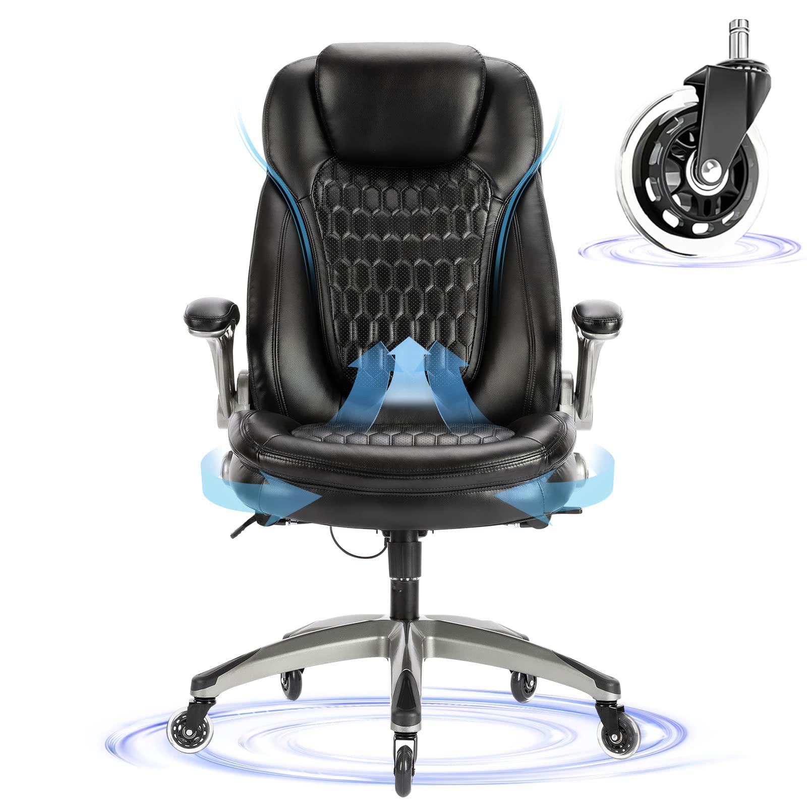 Office Chair Ergonomic Desk Chair-Executive Office Chair with Upgraded Caters, High Back Computer Chair Flip-up Arms, Strong Metal Base, Swivel Rolling Leather Chair for Adult Work/Study-Black, 300lbs