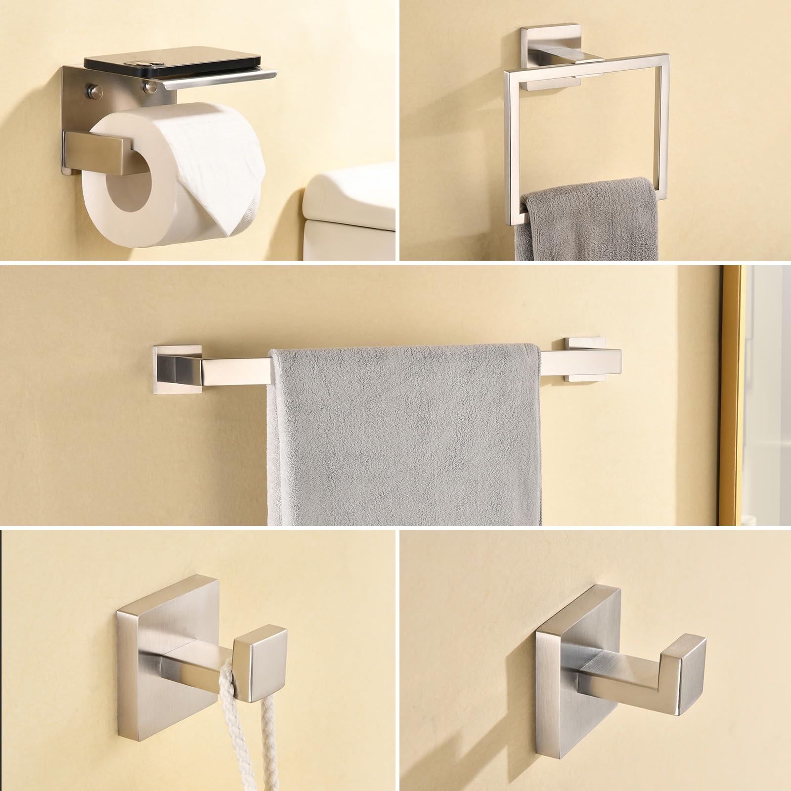 Taucent Bath Towel Bar Set 5 Pieces Brushed Nickel,Modern Bathroom Hardware Accessories Set Wall Mounted Include 16-InchTowel Rod,Towel Rack,Toilet Paper Holder with Shelf,2 Robe Hook - Image 8