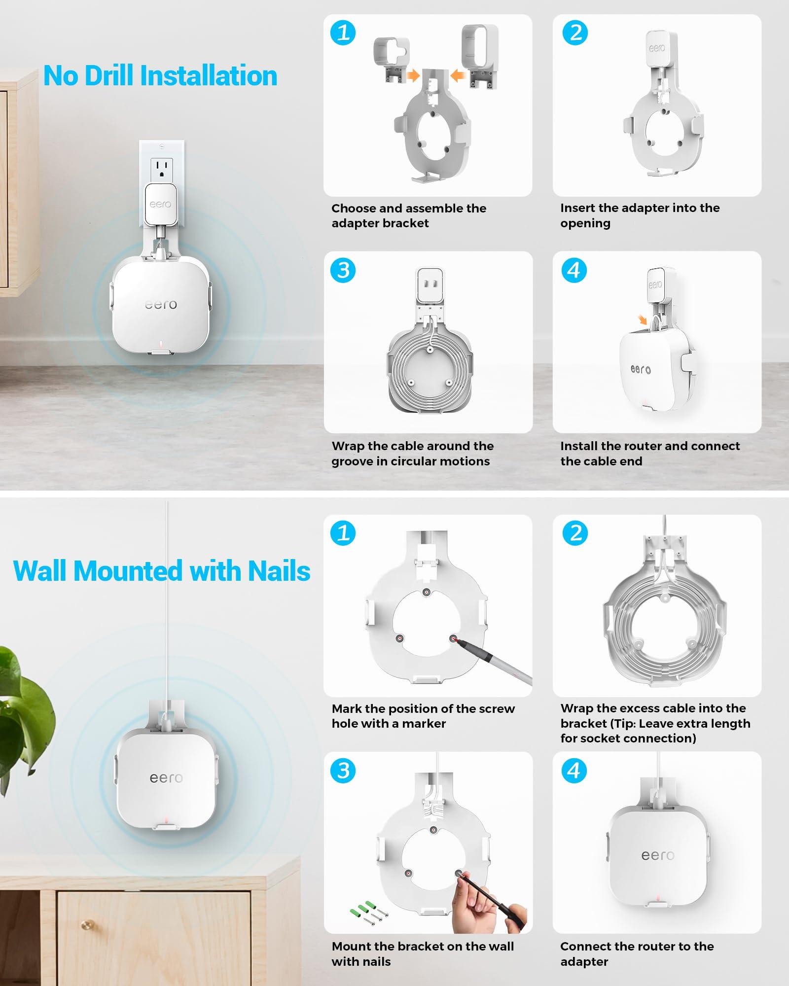 CUHIOY Outlet Wall Mount Holder for Eero Pro 6 or Eero pro 6E, Space-Saving Wall Bracket with Wire Organization, Compatible with Vertical or Horizontal Plug, Nailable Wall Mount Stand (White, 1Pack) - Image 7