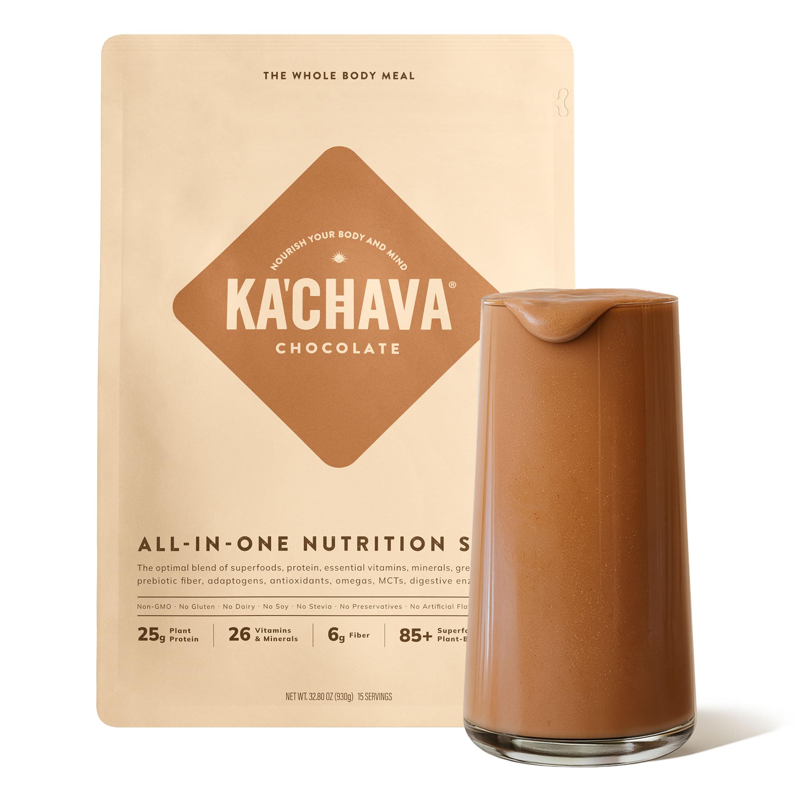 Ka’Chava All-In-One Nutrition Shake Blend, Chocolate, 15 Servings, 85+ Superfoods & Nutrients, Greens Plant-Based Powder Protein Drink, Digestive Enzymes & Probiotics, Vegan Dairy Gluten Free