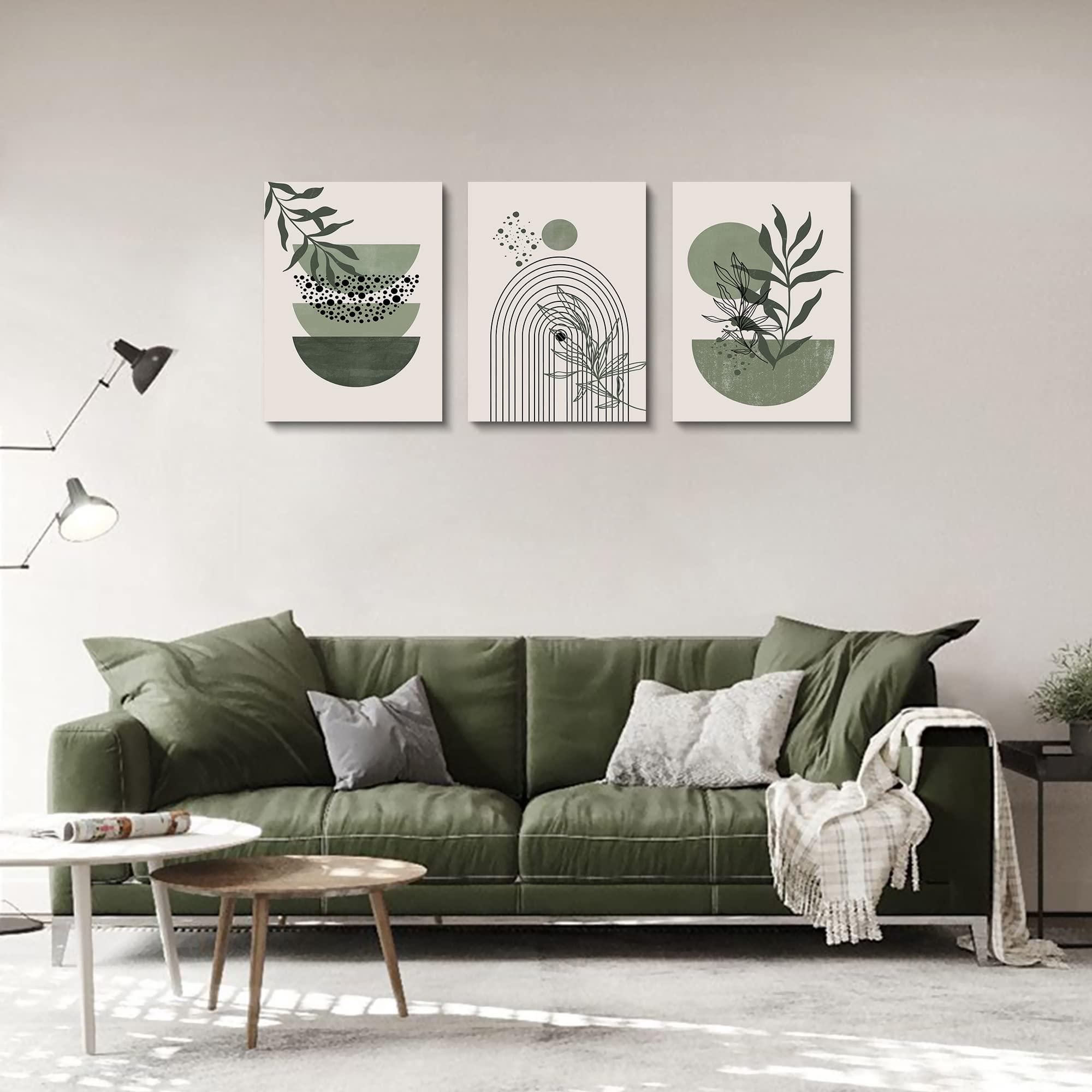 Sage Green Wall Posters & Prints, Green Boho Wall Art Set of 3, Minimalist Framed Wall Art Geometric Line Leaf Sun Moon Beige Green Canvas Artwork Paintings - Image 2