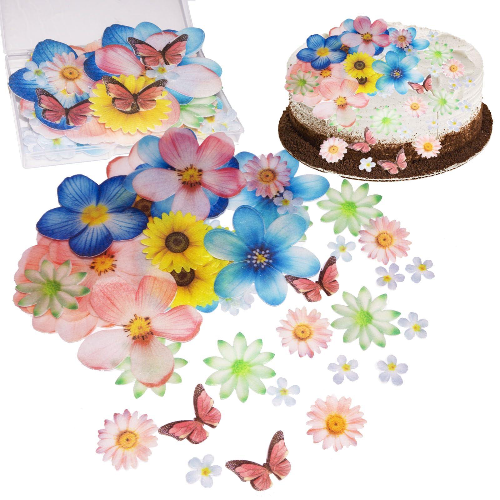 Topapfo 55pcs Edible Flower Butterflies Cake Toppers Cupcake Toppers Wafer Paper Cake Decorations for Themed Party Wedding Bridal Shower Birthday Decorations