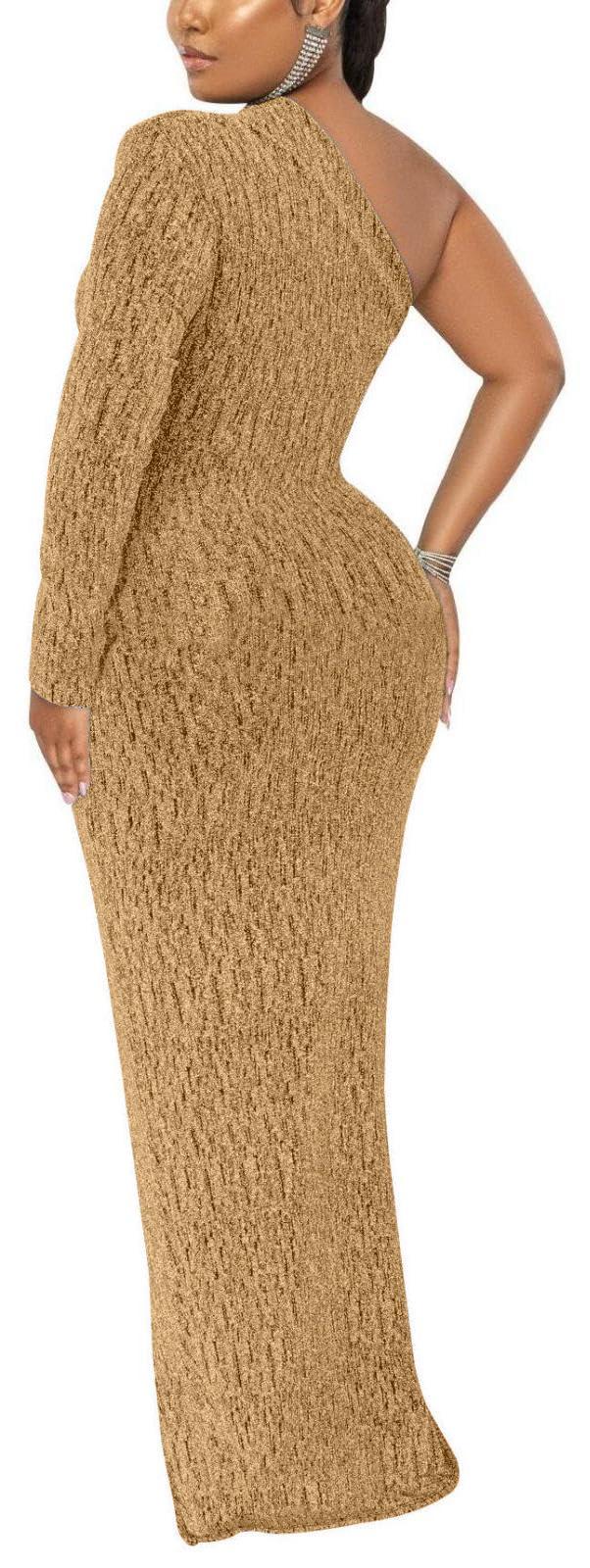 Women's Formal Evening Gowns Elegant Sparkly One Shoulder Maxi Dresses Sexy Long Sleeve High Split Party Long Dress - Image 4