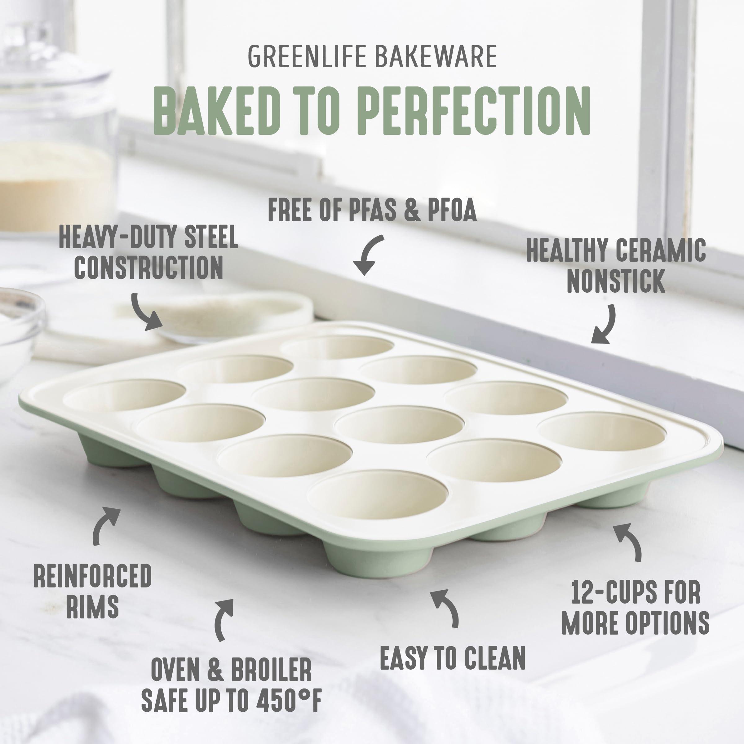 GreenLife 12-Cup Muffin Pan, Healthy Ceramic Nonstick Bakeware, PFOA & PFAS-Free Cupcake Tray, Durable Baking Pan, Versatile Kitchen Essential, Easy Clean Muffin Mold, Nonstick Baking Sheet, Sage - Image 3