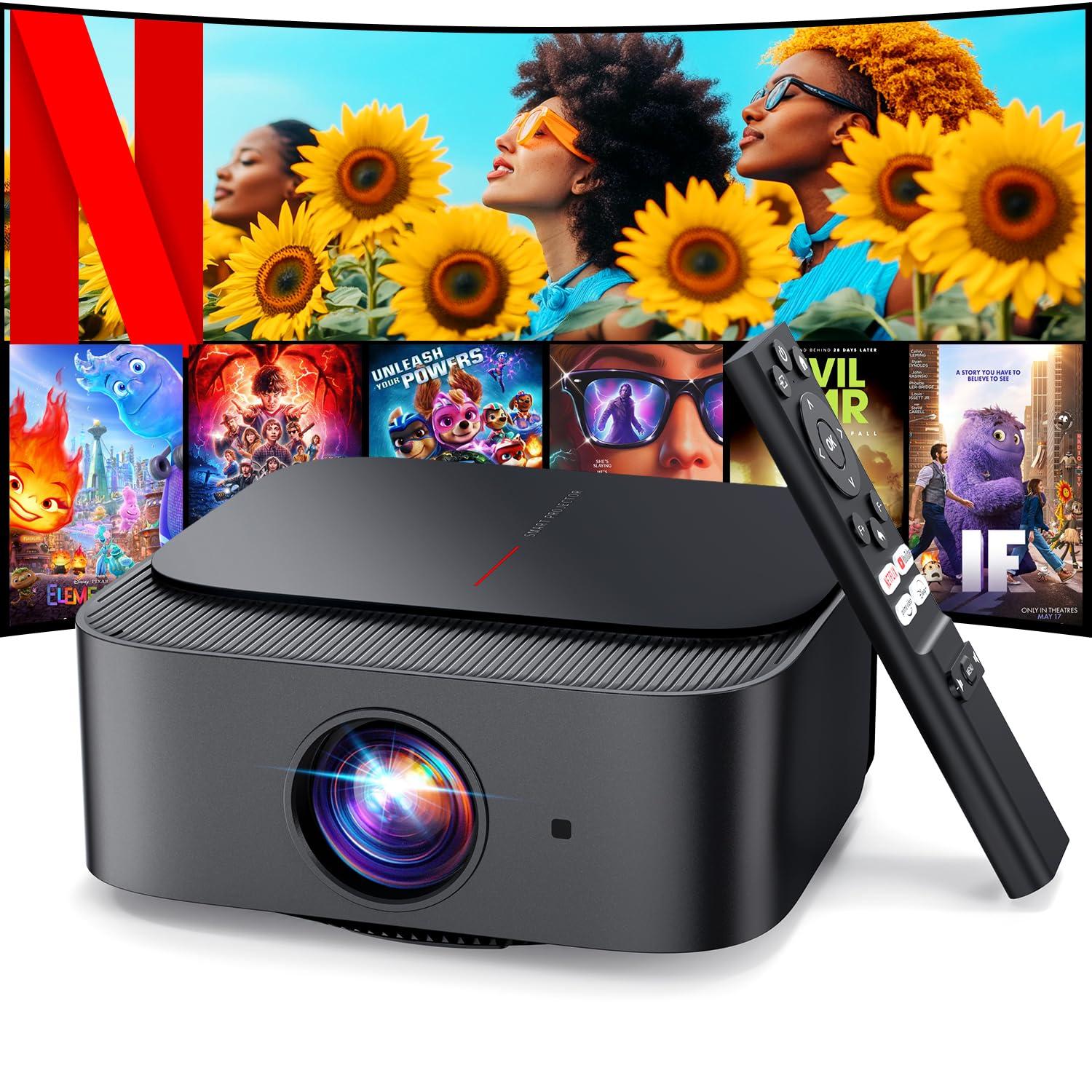 [2025 Netflix-Official | 386+ Built-in Apps] DBPOWER E2 Smart Projector with WiFi and Bluetooth, Mini Projector 4K Support with Netflix, Youtube, Disney+, Hulu, Max, Crunchyroll w Portable Case