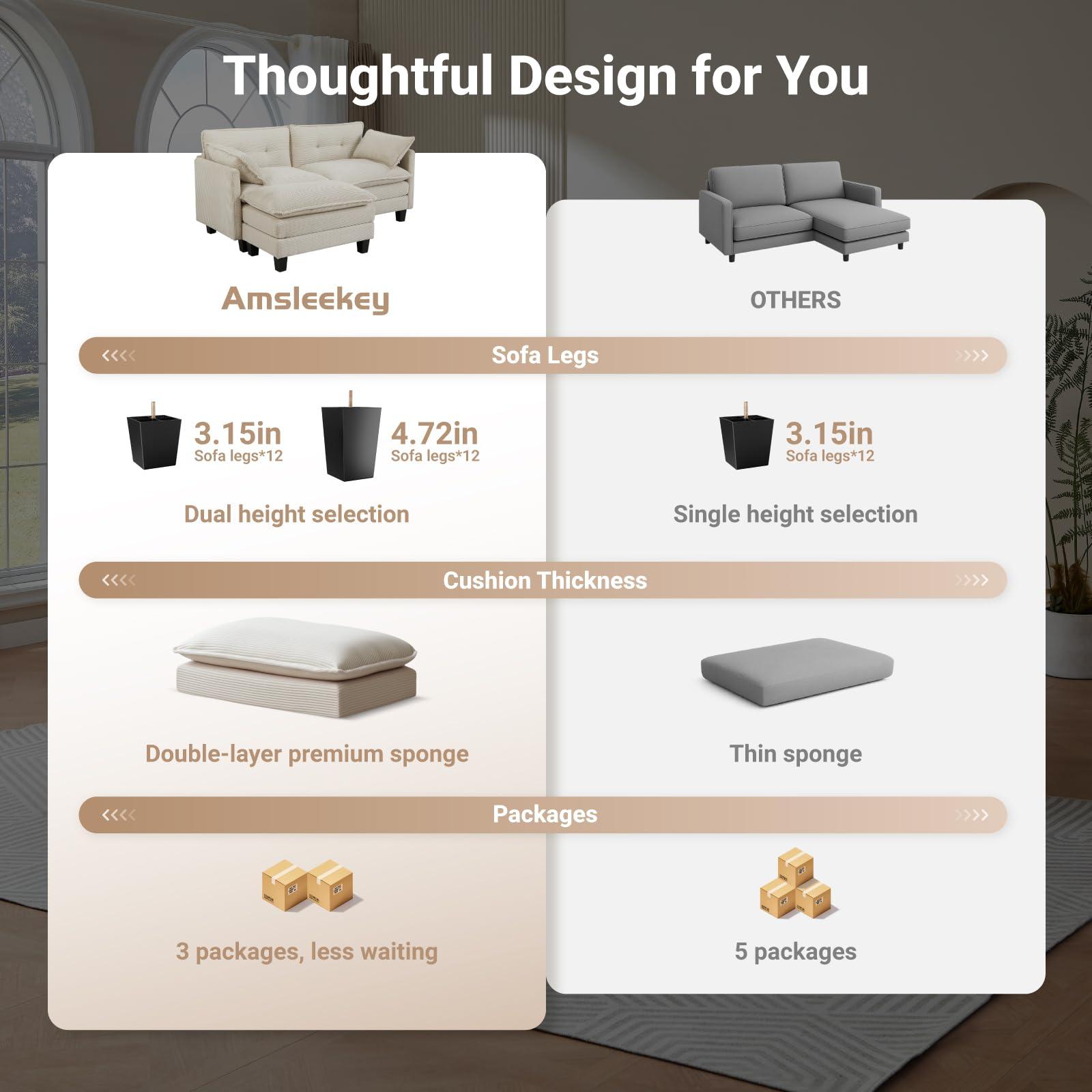 Amsleekey Modular Sectional Sofa, 111.5" U-Shaped Corduroy Comfy Sectional Couches for Living Room, 3-Seater Cloud Couches with 2 Movable Ottomans, Flexible Combination Modern Deep Seat Sofa (Beige) - Image 3