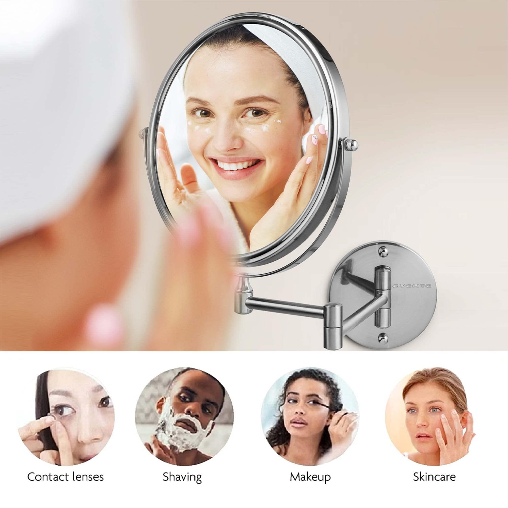 OVENTE 9" Wall Mounted Makeup Mirror with 1X/7X Magnification, Double Sided Magnifying Round Bathroom Vanity Mirror, 360° Swivel Design, Extendable and Folding Arm, Nickel Brushed MNLFW90BR1X7X - Image 7