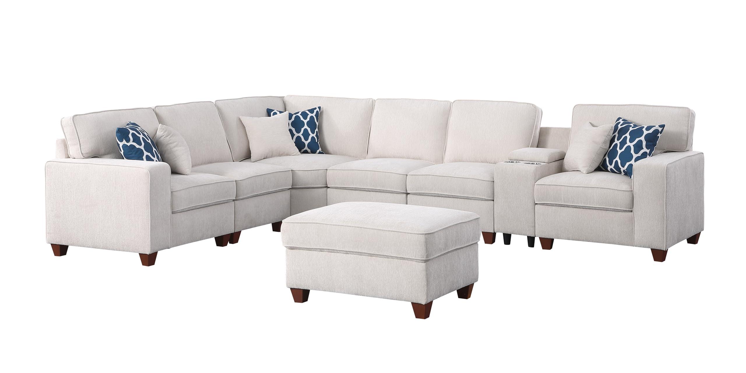 YOPTO 127" L-Shaped Sectional Couch with Movable Ottoman & 6 Throw Pillows,7 Seat Chenille Upholstered Sofa W/2 Cup Holder,USB Port & Hidden Storage Box,DIY Combination,for Living Room,Apartment,Beige - Image 7