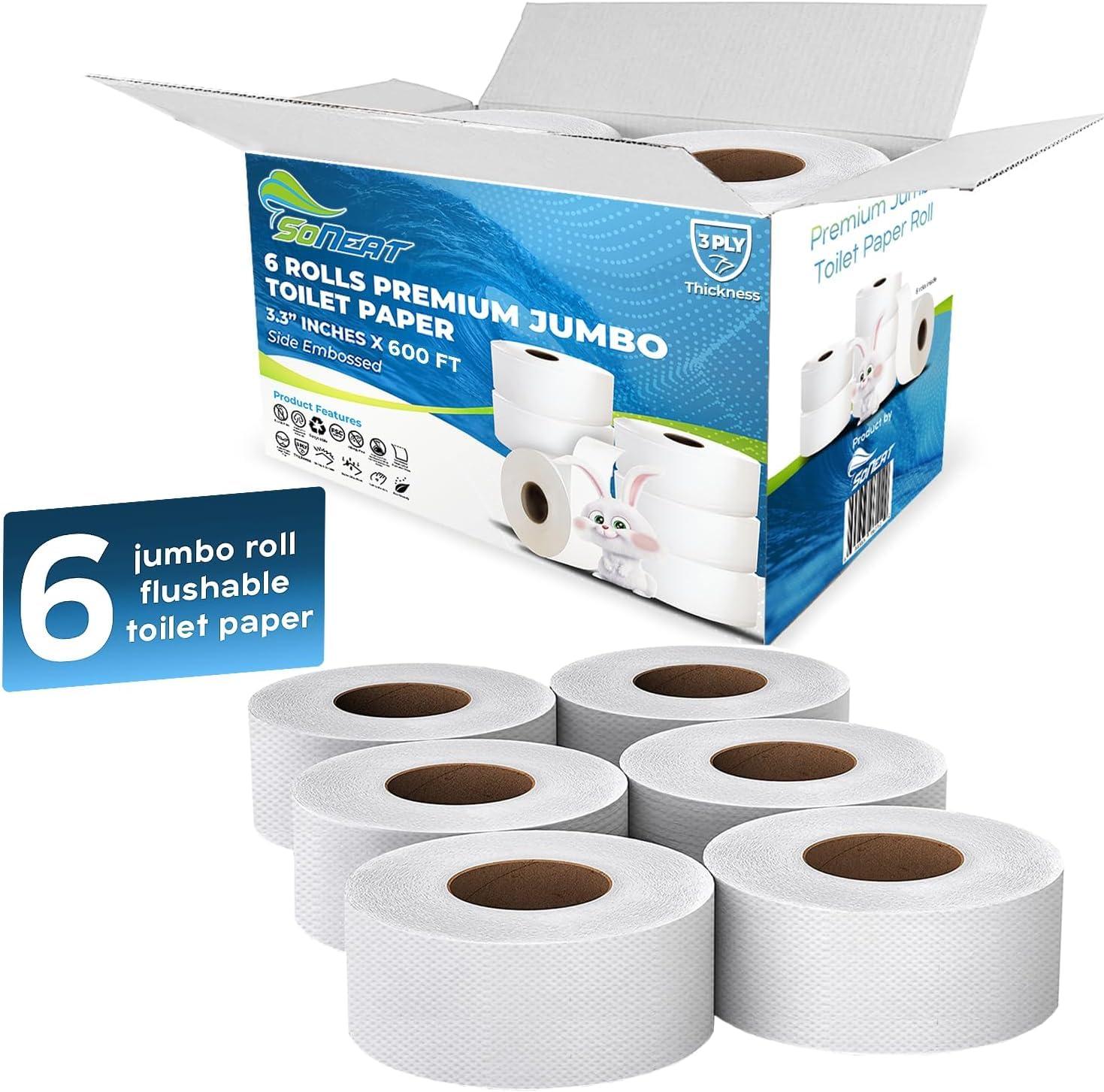 SoNeat 3-Ply Jumbo Toilet Paper Rolls, 9' Commercial Bathroom Tissue, 600 Ft. Long, Fits Standard Dispensers