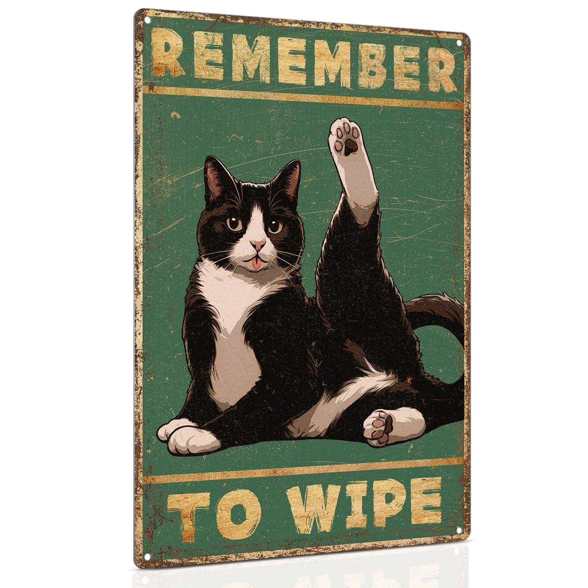 ALKB Bathroom Tuxedo Cat Sign - Remember to Wipe - Cat Lover Gift 8x12 Inch Vintage Metal Sign for Bathroom Decorations