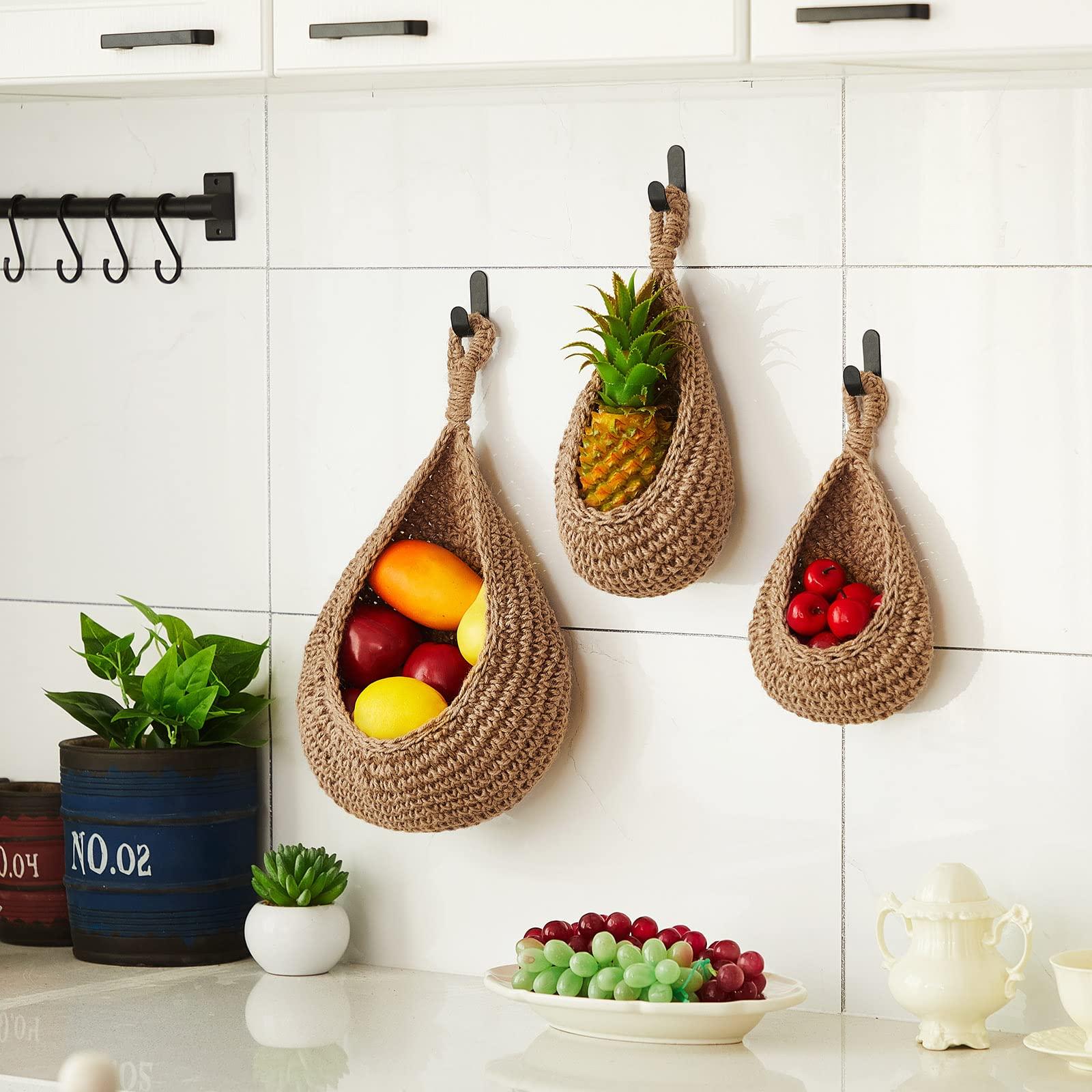 Honeydak Hanging Wall Basket Teardrop Hanging Baskets Onion Basket Coat Bohemian Storage Fruit Wall Hooks for Kitchen Wall Home Restaurant Storage Vegetable, 3 Sizes(Linen) - Image 2