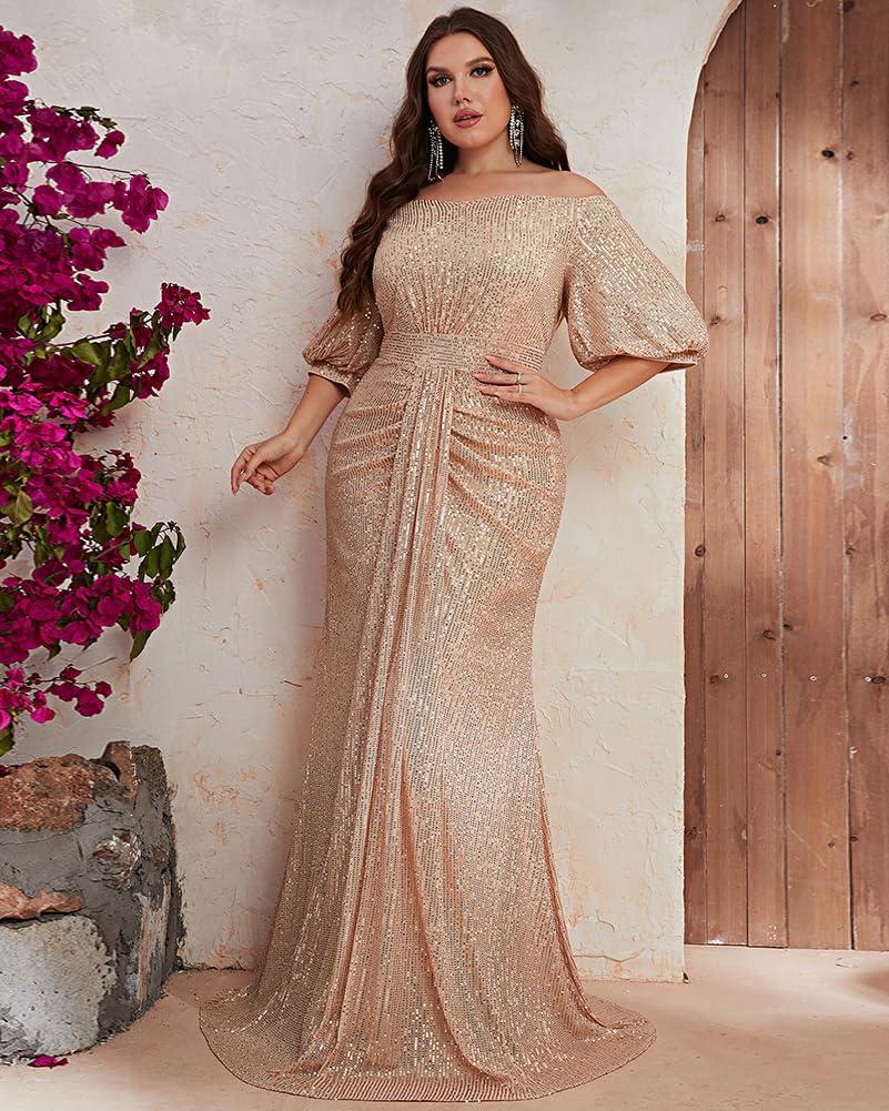 Women's Plus Size Off Shoulder Puff Sleeve Sequin Formal Maxi Dress Evening Party Gowns - Image 3