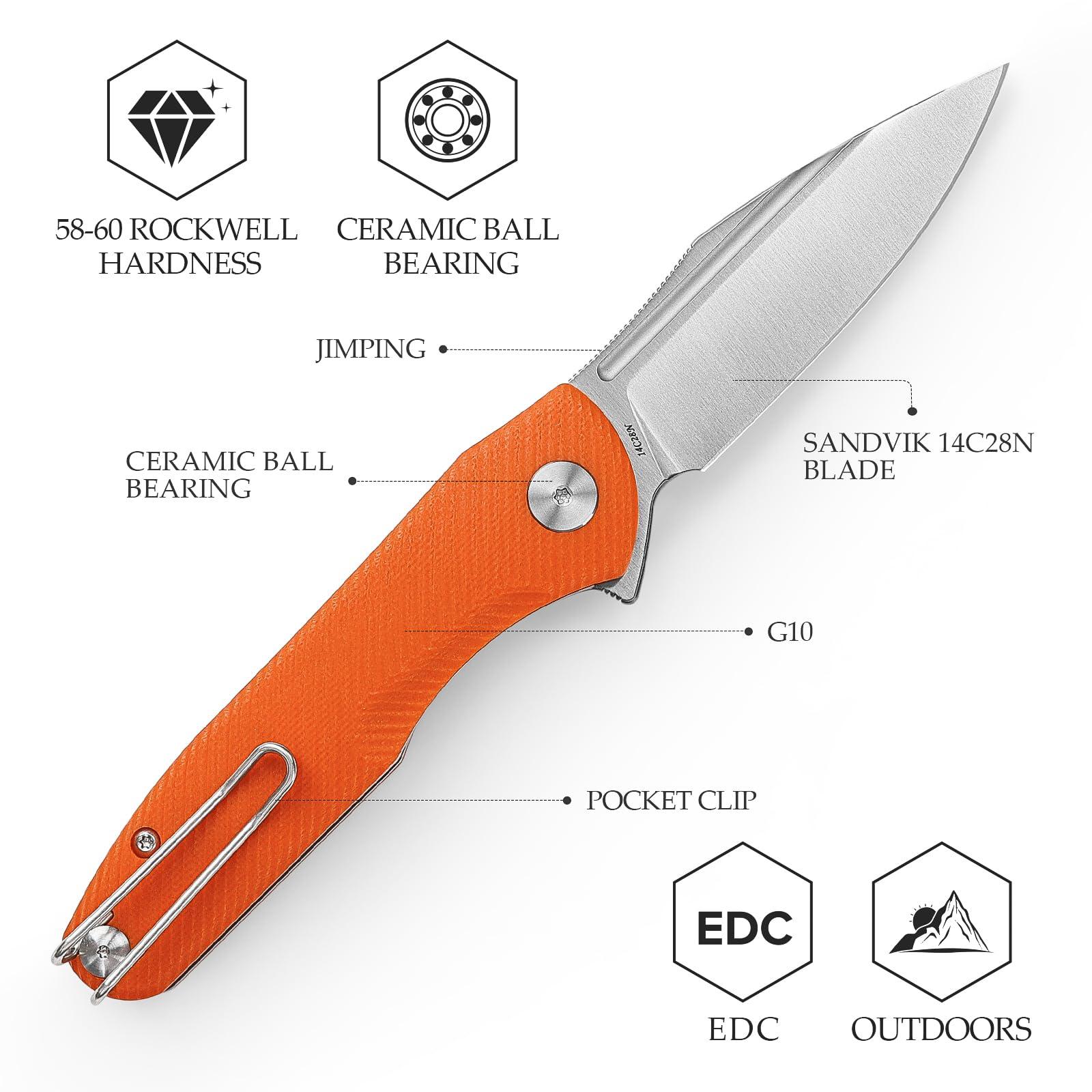 TRIVISA Knives，Folding EDC Knife for Men，Pocke Flipper Knife with Clip，3.26" 14C28N Steel Blade（Satin），G10 Scales for Outdoor Camping Tool - Antliae-03OG - Image 4
