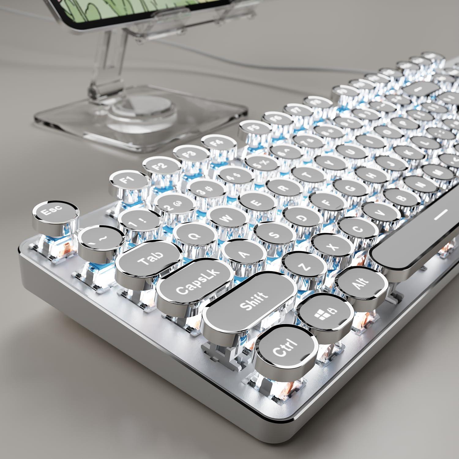 SEUNKWANG EWEADN TK100 Typewriter Style Wired Mechanical Keyboard, 104 Keys Aesthetic Typewriter Keyboard with White Backlit, Anti-Ghosting, Blue Switch Wired Cute Keyboards-White