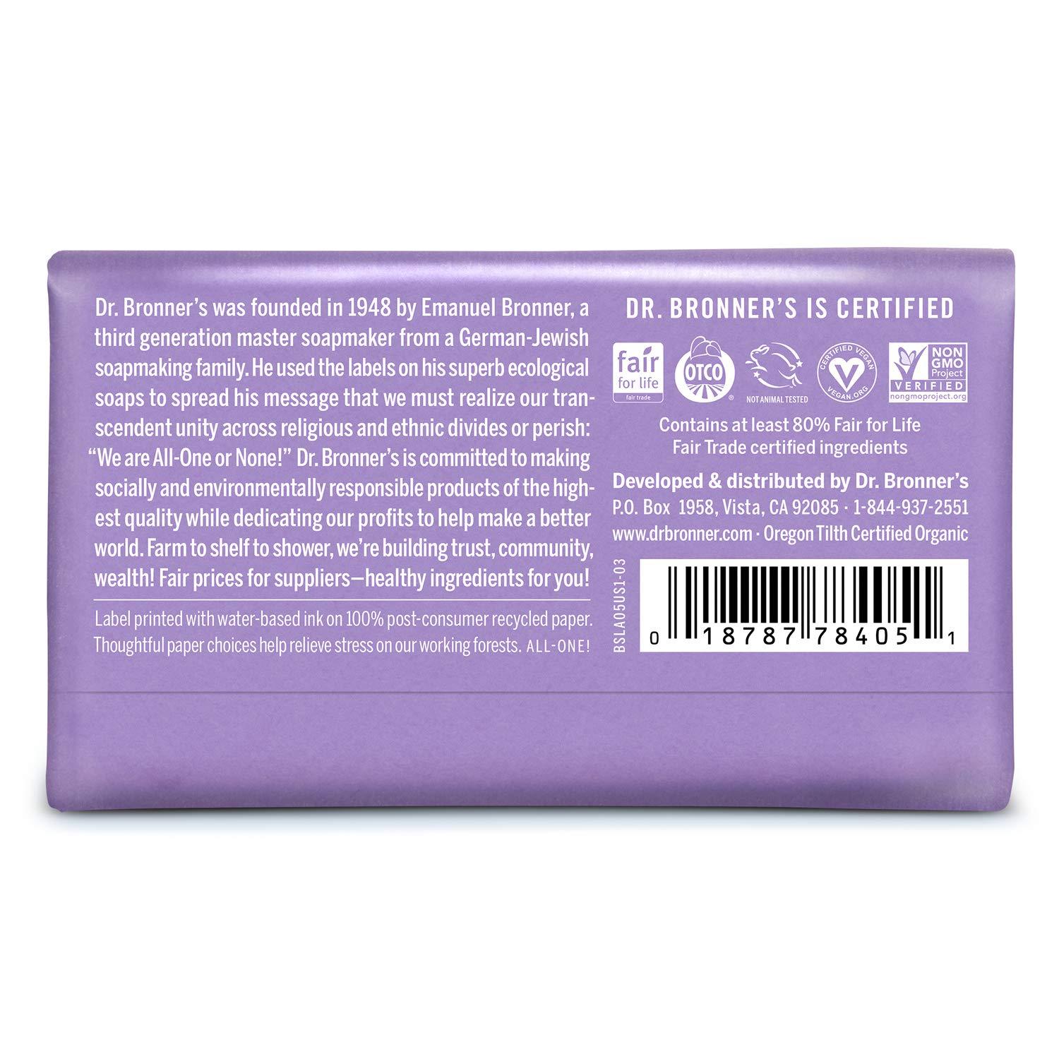 Dr. Bronner's - Pure-Castile Bar Soap (Lavender, 5 ounce, 6-Pack) - Made with Organic Oils, For Face, Body and Hair, Gentle and Moisturizing, Biodegradable, Vegan, Cruelty-free, Non-GMO - Image 2