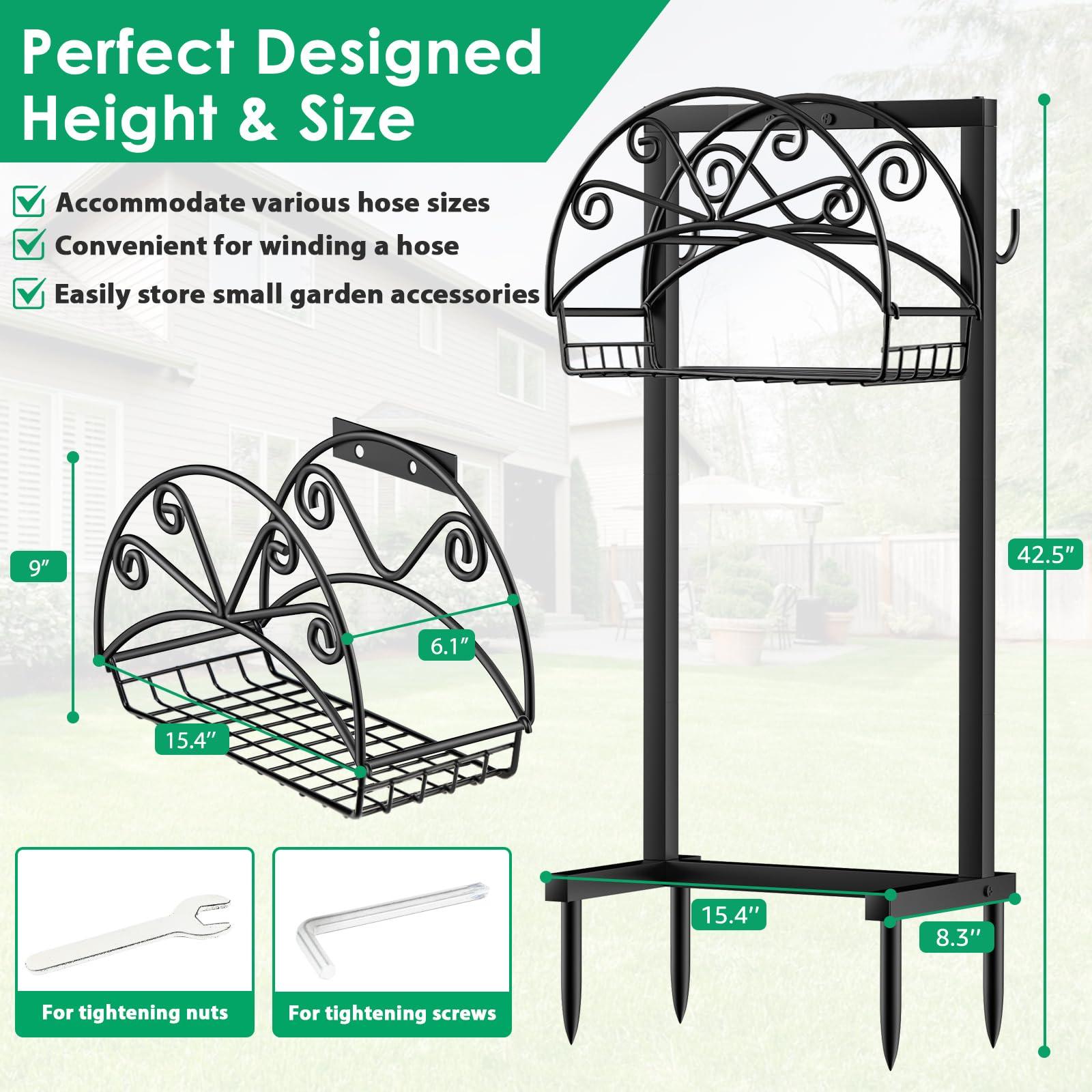TomCare Garden Hose Holder Upgraded Water Hose Holder with Storage Basket 2 Tool Hooks Heavy Duty 4 Spikes Hose Hanger Holds 160ft Hoses Freestanding Hoses Storage Organizer for Outside Yard - Image 2