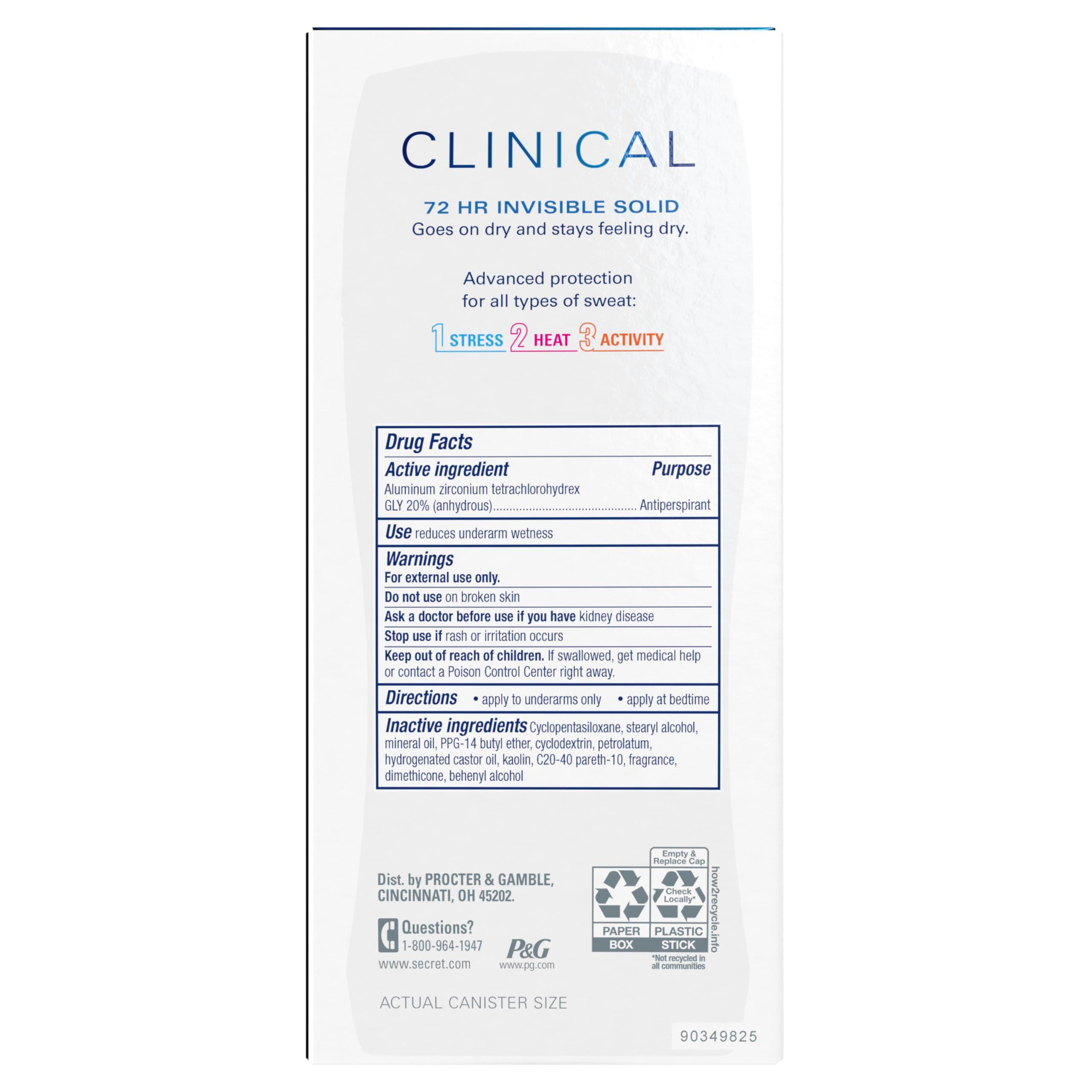 Secret Clinical Strength Antiperspirant Deodorant for Women, 3X Stress Protection, 72hr Sweat & Odor Protection, PH Balancing Minerals, Invisible Solid, Completely Clean Scent, 2.6 oz - Image 14