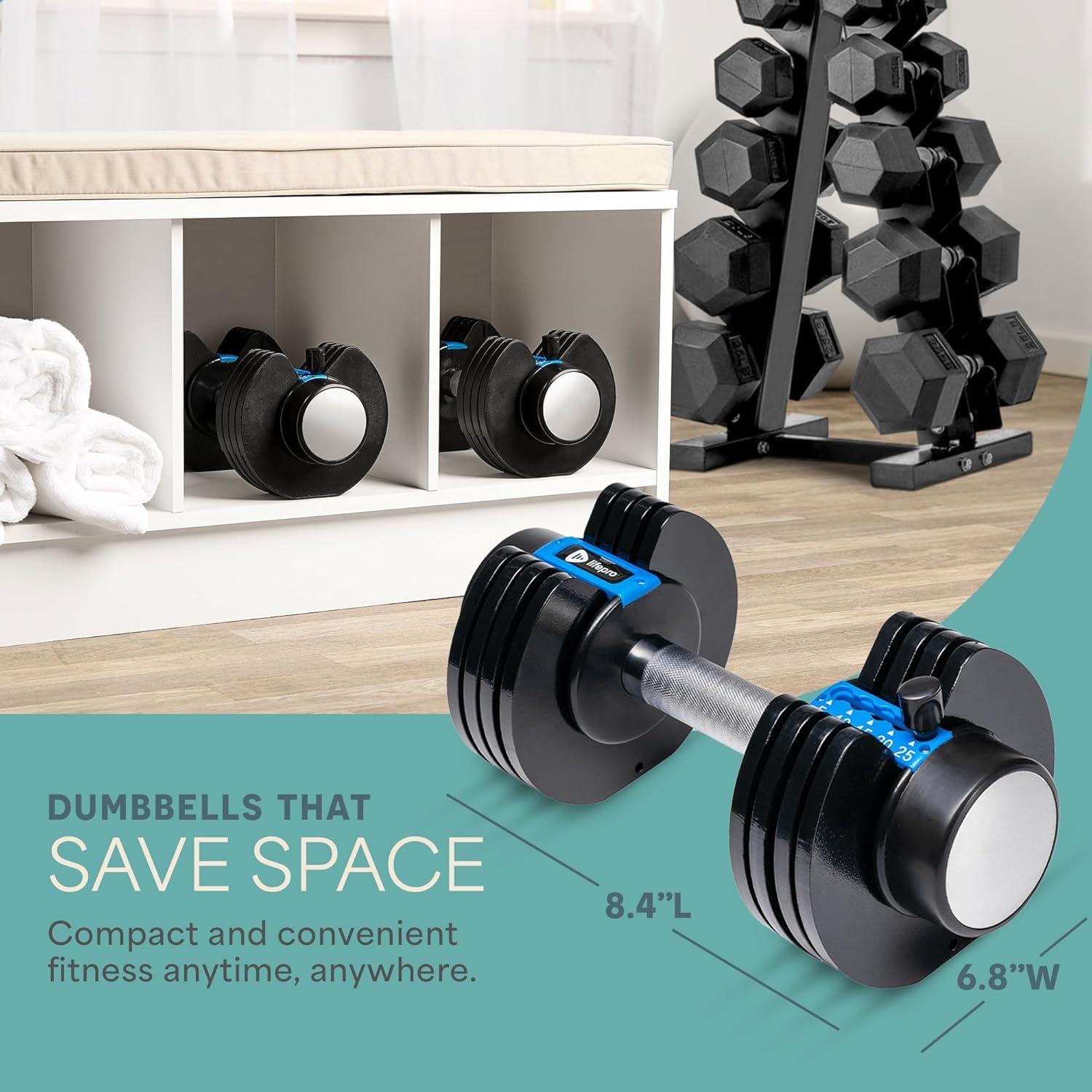 Lifepro Adjustable Dumbbells Set - 5in1-15lb 25lb 43lb 55lb weights Set & Single with Rack - Quick Adjust, Secure Grip - Compact Hand Weights for Men Women Home Gym - Image 4