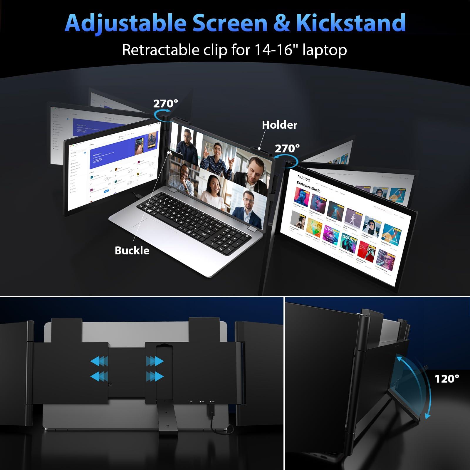 HotYeah Triple Laptop Screen Extender, 14'' Dual Portable Extended Monitor (Windows & MacBook), Plug & Play, 1080P USB-C Travel Display w/Kickstand, Tri Screen Monitor for 14-16'' Laptop - Image 6