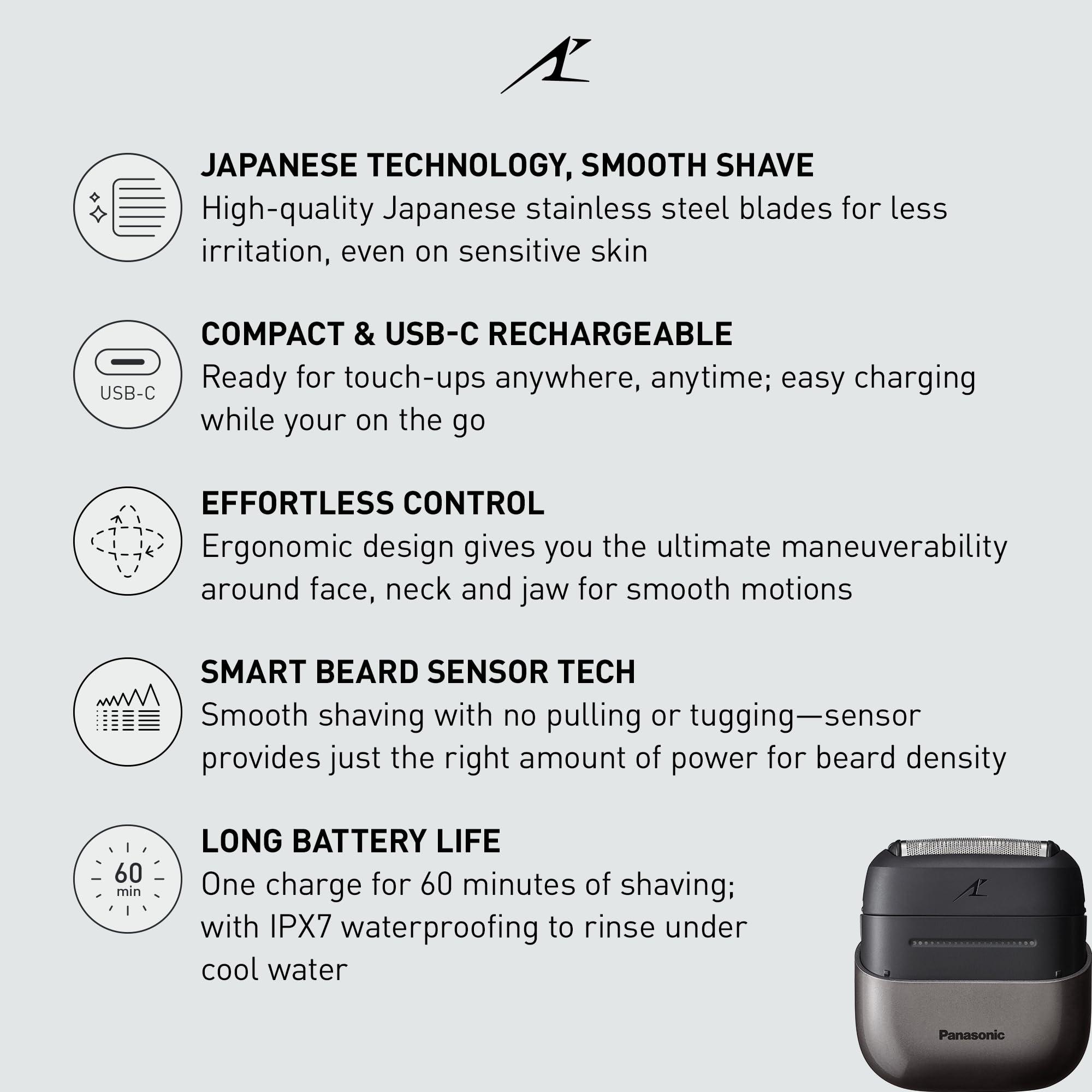 Panasonic Swipe Right Travel Shaver for Men, Portable Electric Razor with USB-C Charging, 3-Blade Cutting System and Beard Sensor Technology, Wet/Dry Use - ES-CM3A-K - Image 2