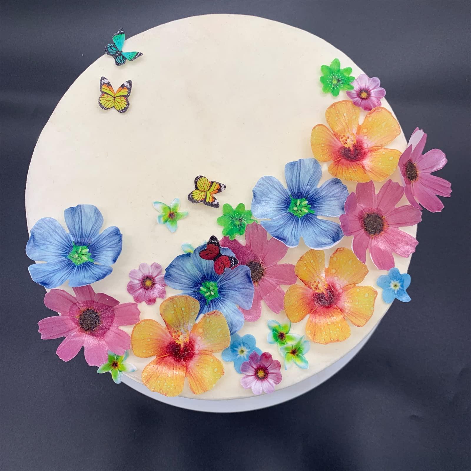 Weraru 58Pcs Edible Butterfly and Flowers Cake Topper Cupcake Toppers Wedding Themed Party Birthday Cake Decoration Mixed Size & Colour - Image 4