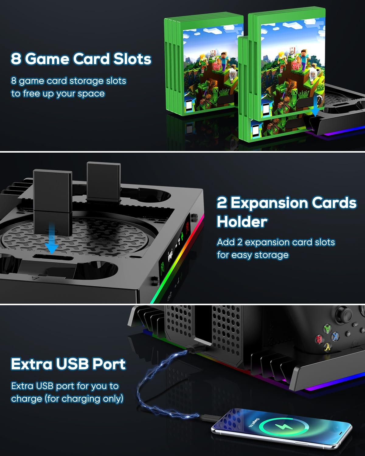 MENEEA Upgraded Cooling Fan Charging Station for Xbox Series X Console & Controller, Dual Charger Dock & Cooler System Stand with 15 Colorful Lights for Xbox Series X Accessories Kit - Image 7