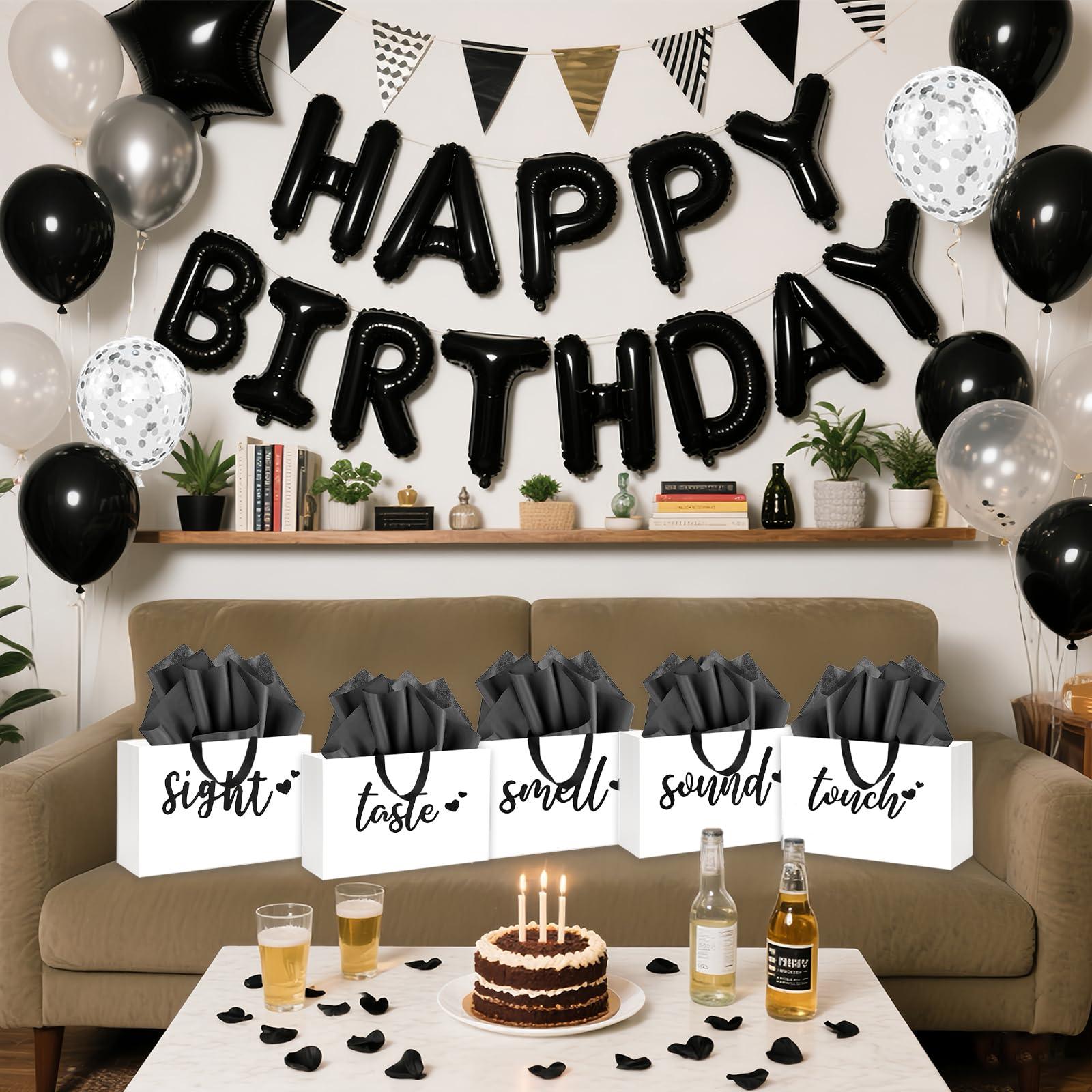 YIXAXKAO 5 Senses Gift Bags Five Senses Birthday Party Decorations with Tissue Paper, Rose Petals and Happy Birthday Banner Balloons Five Senses Gift for Him Husband Boyfriend (Black white) - Image 4