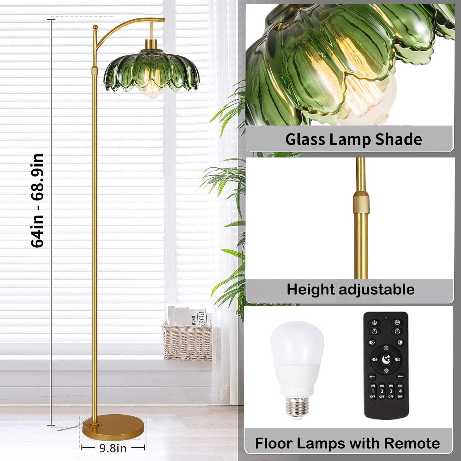 ILLMTW Gold Floor Lamp for Living Room,Bedroom,Mid Century Modern Standing Lamp with Remote,Dimmable Brass Tall Lamp Vintage Retro Green Glass Arc Floor Flower Floor Light Boho Bohemian - Image 5