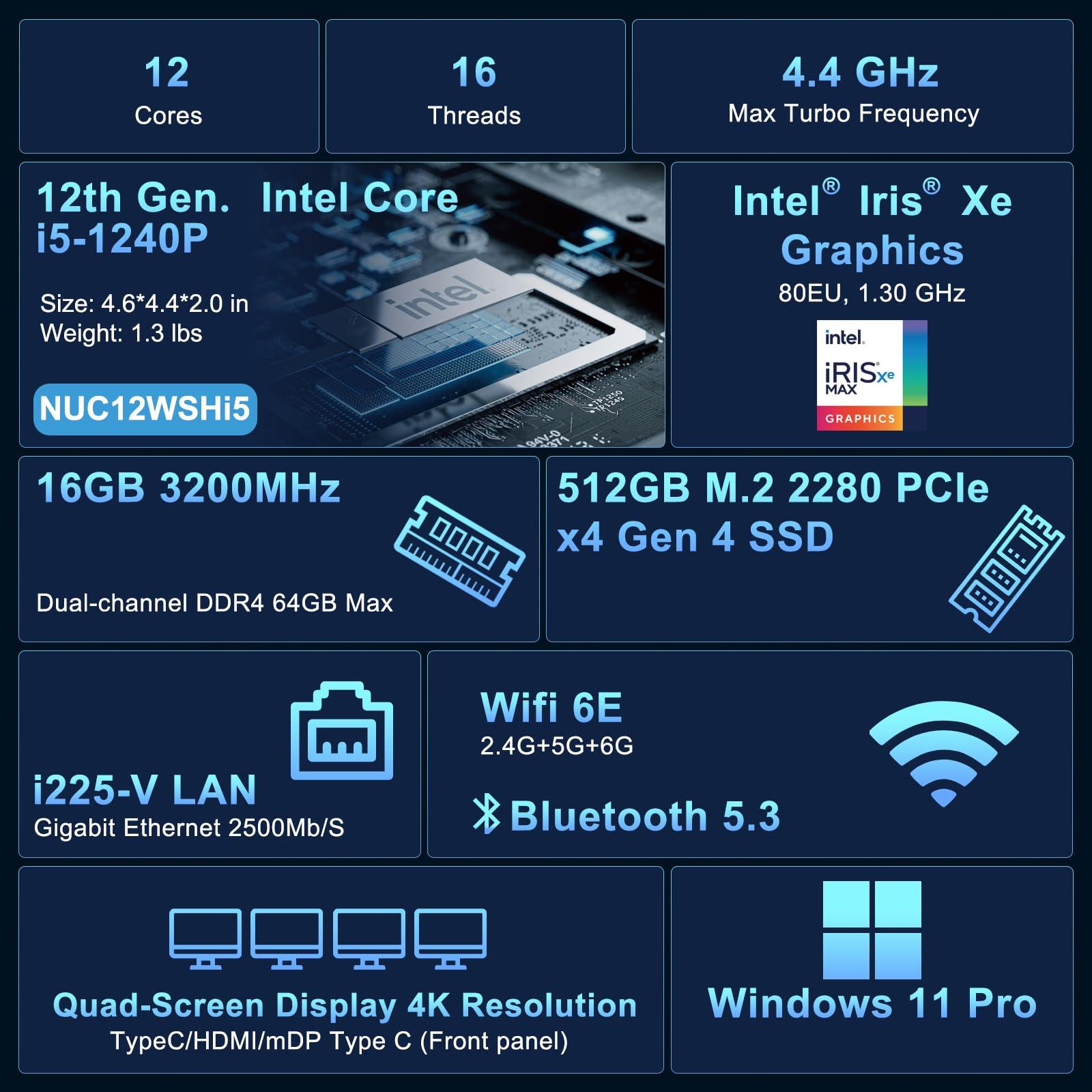 ASUS NUC 12Pro, Intel NUC 12 Pro NUC12WSHi5 Mini PC, Intel Core i5-1240P (12C/16T, Up to 4.4GHz), 16GB DDR4 RAM, 512GB PCIe 4.0 NVMe SSD, Iris Xe Graphics, WiFi 6E, BT 5.3, 8K Support, Win 11 Pro - Image 3