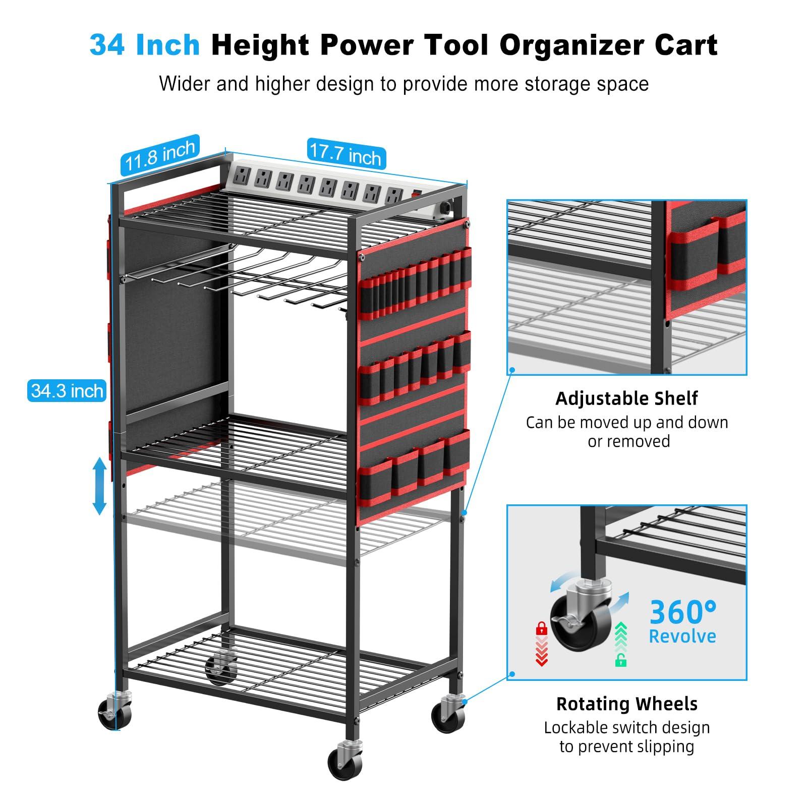 JUNNUJ Large Power Tool Organizer Cart with Charging Station, Garage Floor Standing Rolling Drill and Tools Battery Storage Cart on Wheels, Heavy Duty Utility Rack Shelf with 8 Outlet Power Strip, Red - Image 2