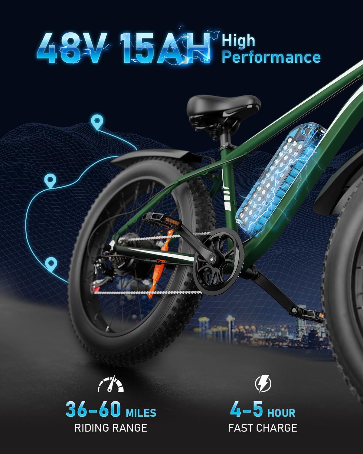 AMYET EB26 Electric Bike for Adults Peak 1500W Electric Bicycle 48V 15AH (720WH) Battery Electric Bike 26" Fat Tire Mountain 28mph 7 Speed Gears Ebike - Image 3