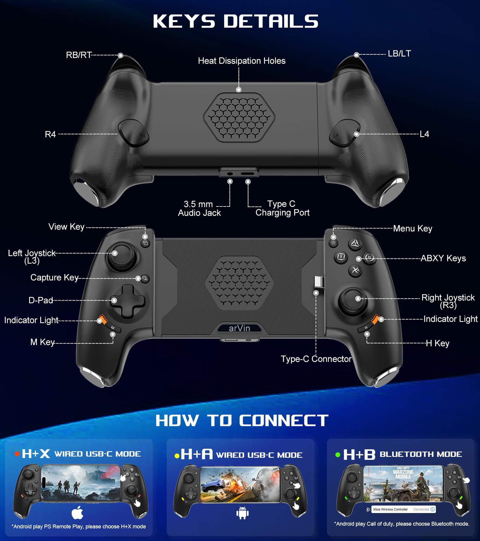 arVin USB C Mobile Gaming Controller for iPhone 16/15 Series & Android (Typc-C) Remote Player Gamepad with Hall Joysticks/Hall Trigger/3.5mm Audio Jack/APP Customized Keys/Cloud Gaming/Remote Play - Image 8