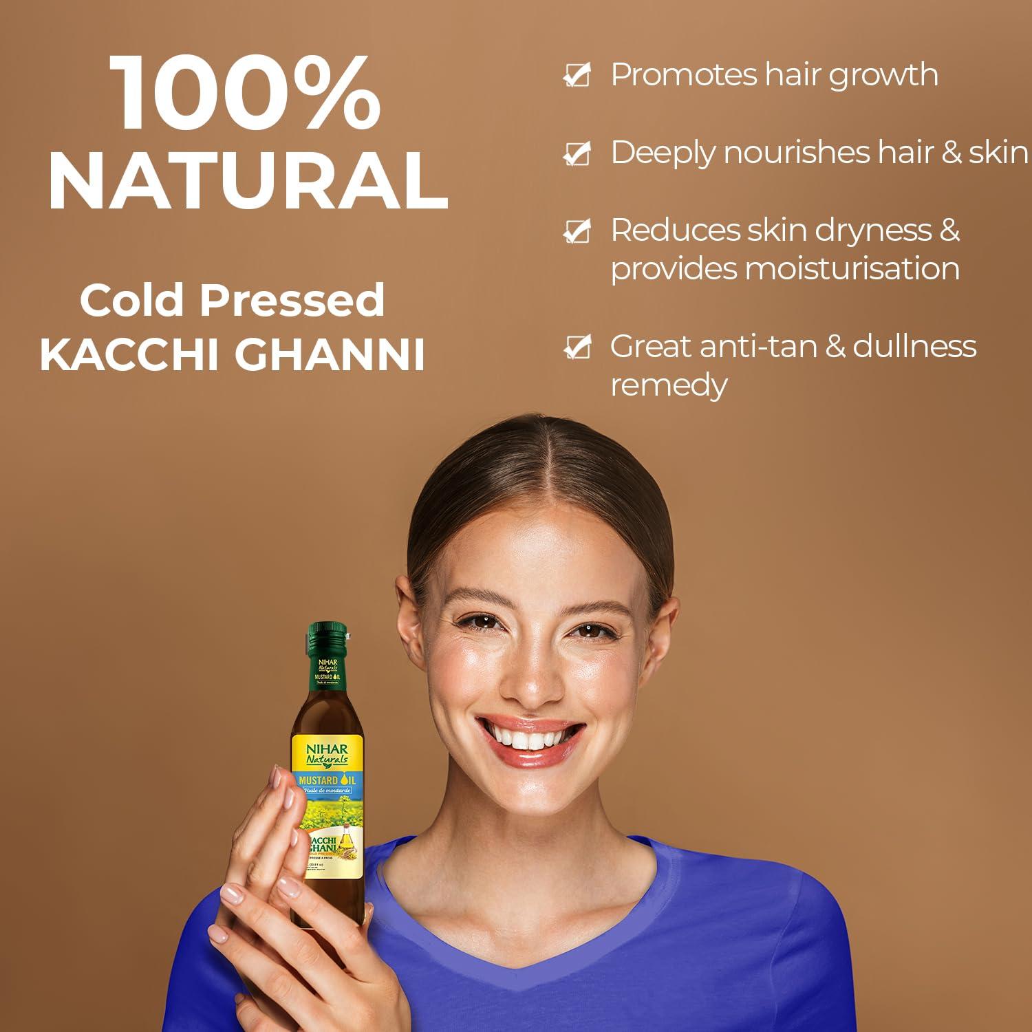 Nihar Naturals Kacchi Ghani Mustard Oil| Cold Pressed| 100% Pure Mustard Oil| For Skin, Hair Care & Body Massage| Enriched with Omega 3 & Natural Anti-Oxidants| Unrefined Mustard Oil| 33.8 Fl.oz. - Image 4