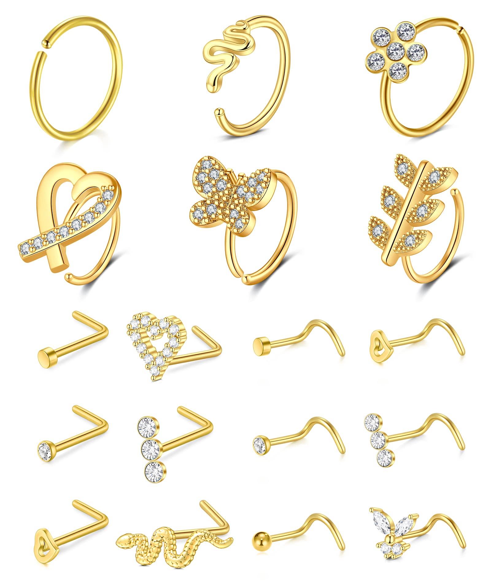 D.Bella 20G Stainless Steel Nose Rings - 20 Gauge Hoops & Studs - Flower, Heart, Diamond & L-Shaped Nostril Nose Piercing Jewelry for Women & Men