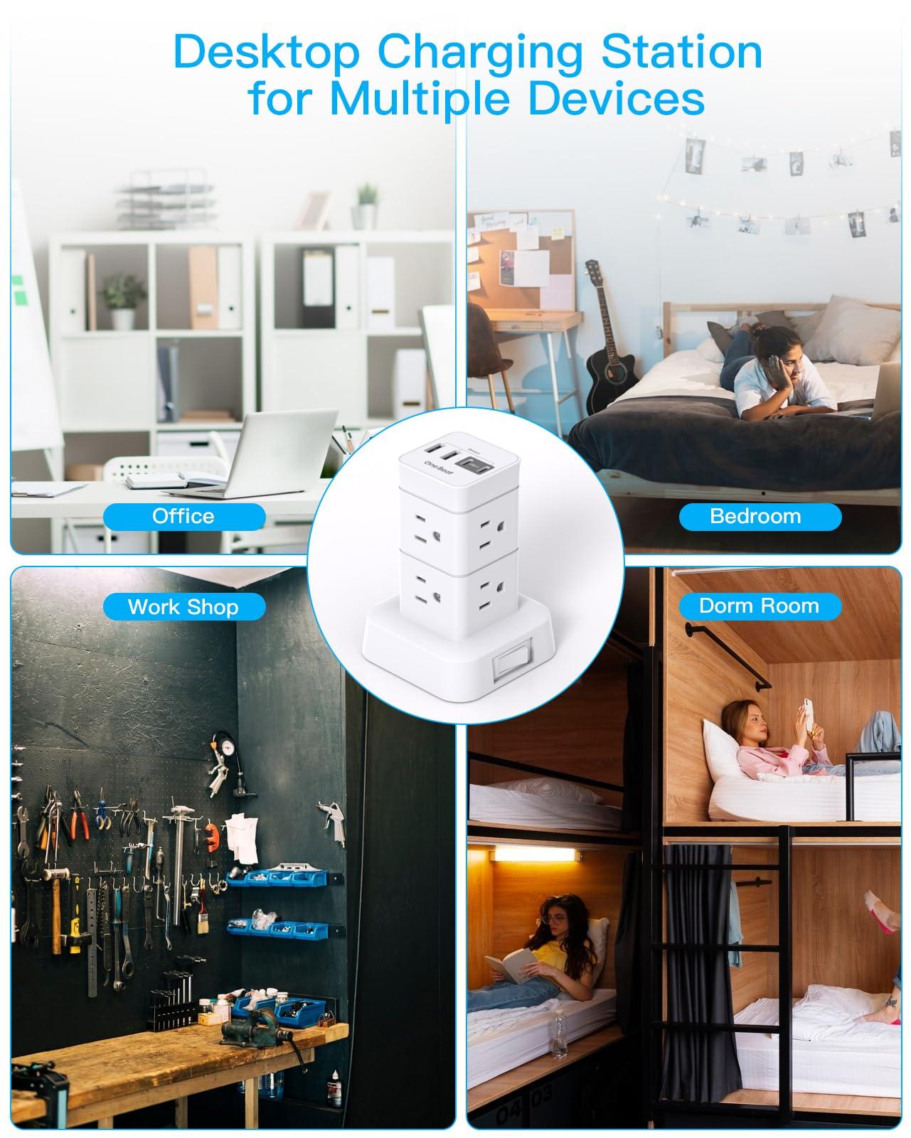 One Beat Tower Surge Protector Power Strip 10 ft,Long Flat Extension Cord with Multiple Outlets,8 AC Outlets with 4 USB Ports,Desktop Charging Station for Multiple Devices,for Home Office College Dorm - Image 7