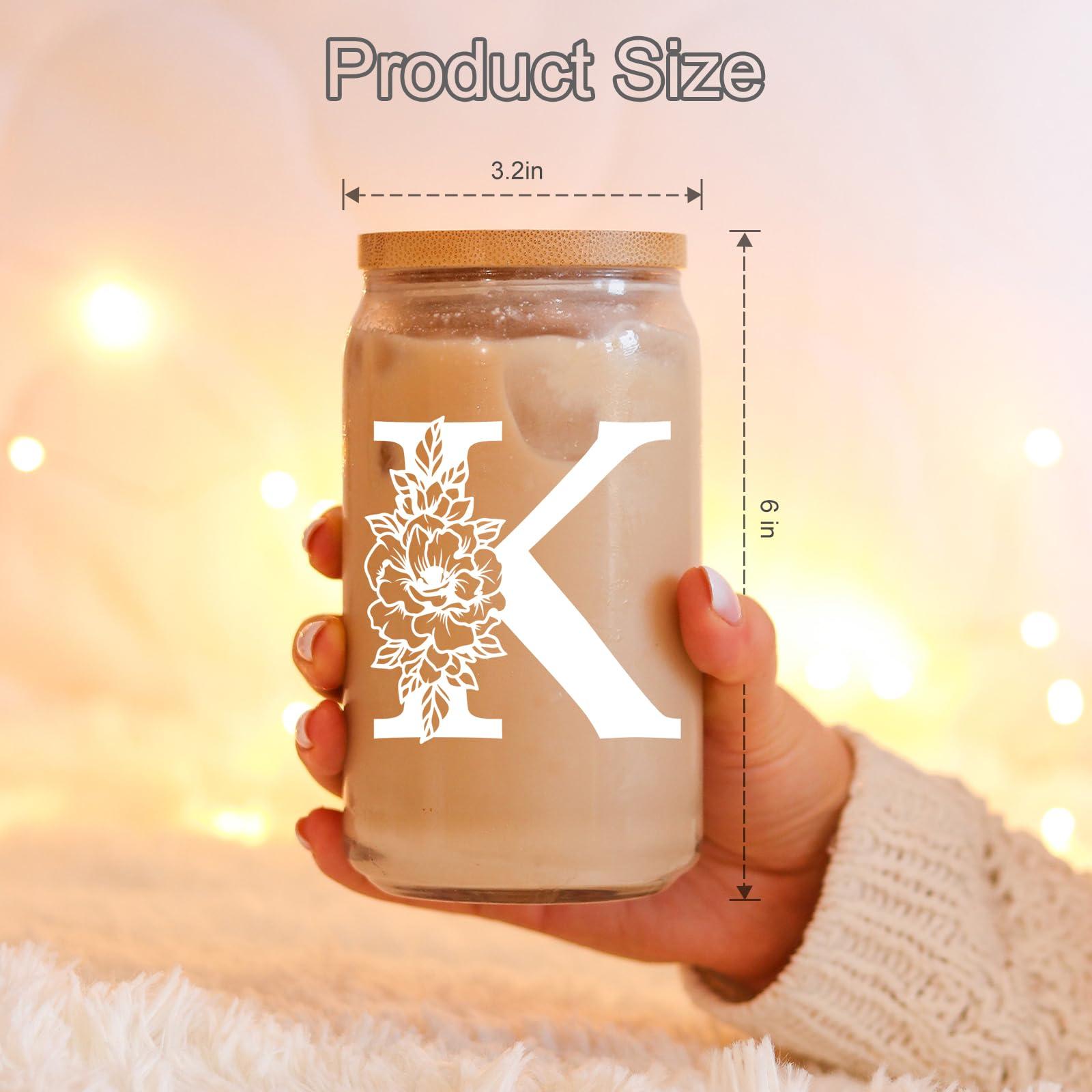 Coolife Initial Glass Cup, Monogrammed Gifts for Women, 16 oz Glass Cups w/Lids Straws, Iced Coffee Smoothie Beer Tumbler w/Straw Lid - Personalized Christmas, Birthday Gifts for Her Mom Friend - Image 2