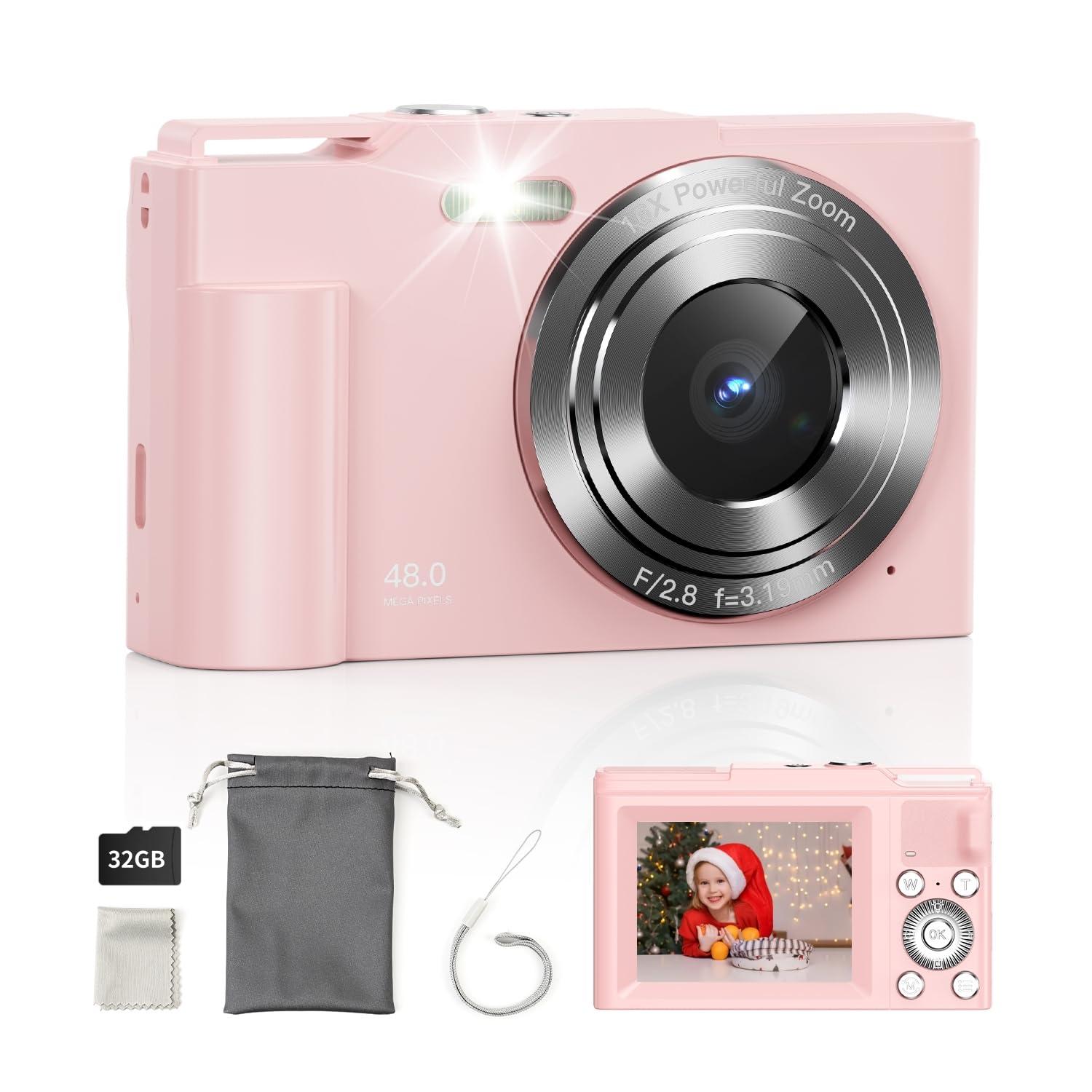 Digital Camera, FHD 1080P Kids Point and Shoot Camera with 16X Digital Zoom, Anti-Shake, Flash, 32GB Card, Portable Compact Travel Camera for Boys, Girls (Pink)
