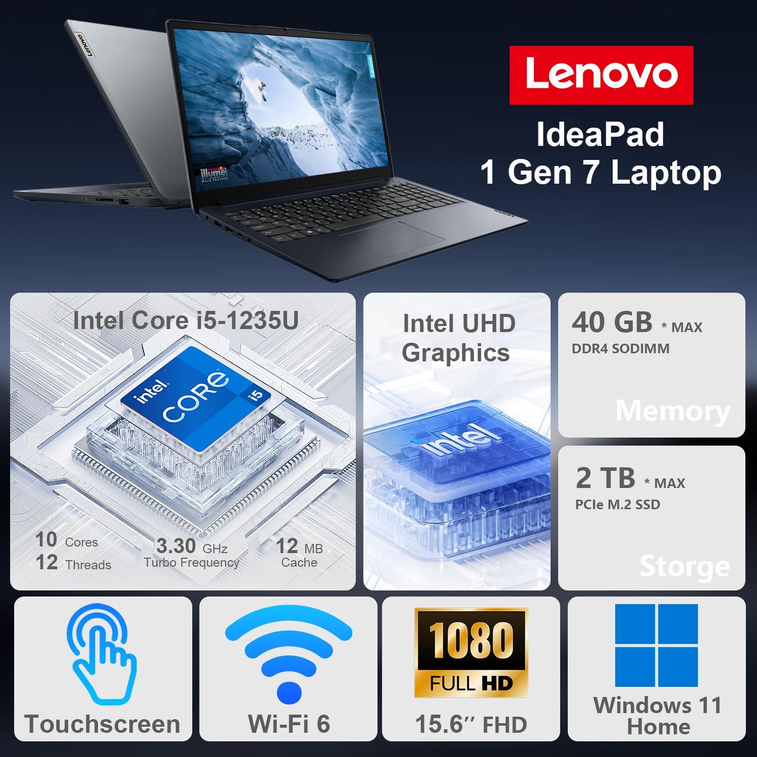 Lenovo IdeaPad 1i Laptop, 15.6" FHD Touchscreen, Intel Core i5-1235U Processor, 24GB RAM, 1TB SSD, Webcam, HDMI, Wi-Fi 6, Windows 11 Home, Blue - Image 2