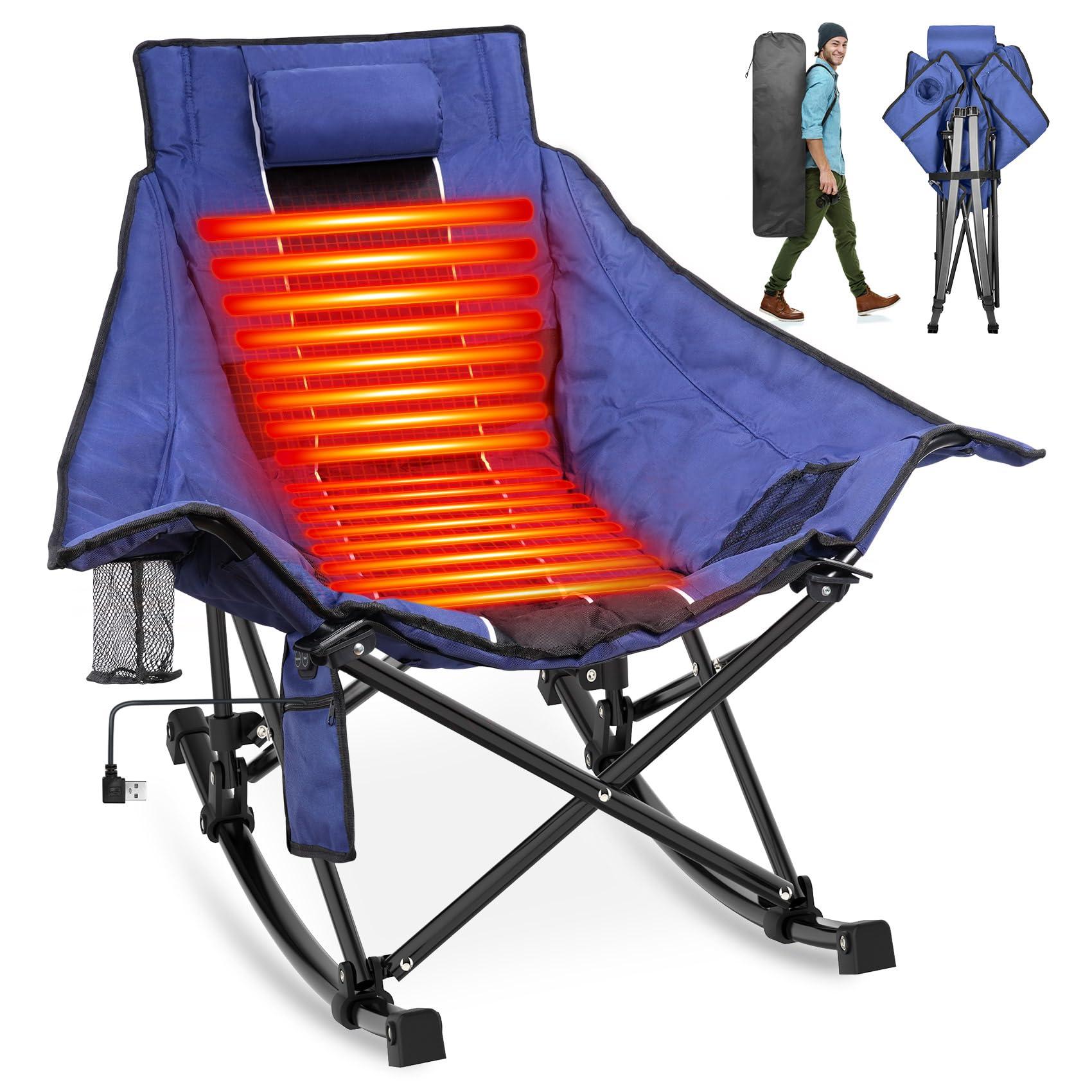 Suteck Heated Rocking Camping Chair, XL Oversized Rocking Chair Outdoor with 3 Heat Levels for Back and Seat, Heated Chairs Outdoor Sports for Patio Lawn Picnic Travel, Power Bank（Not Included）