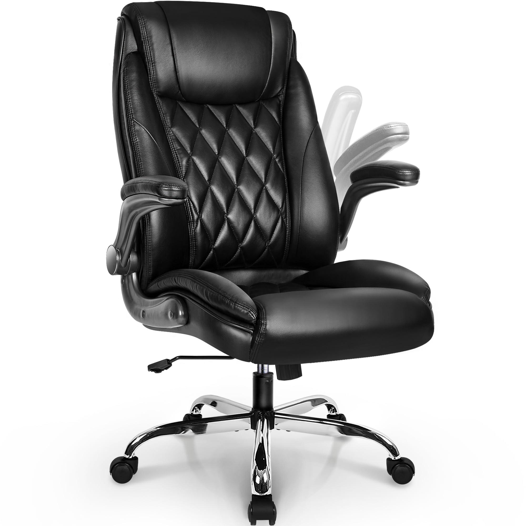NEO CHAIR Executive Office Chair Ergonomic PU Leather High Back Computer Desk Chair for Home and Office Adjustable Flip-Up Armrests Lumbar Support Comfy Swivel Task Tilt Rocking (Black)