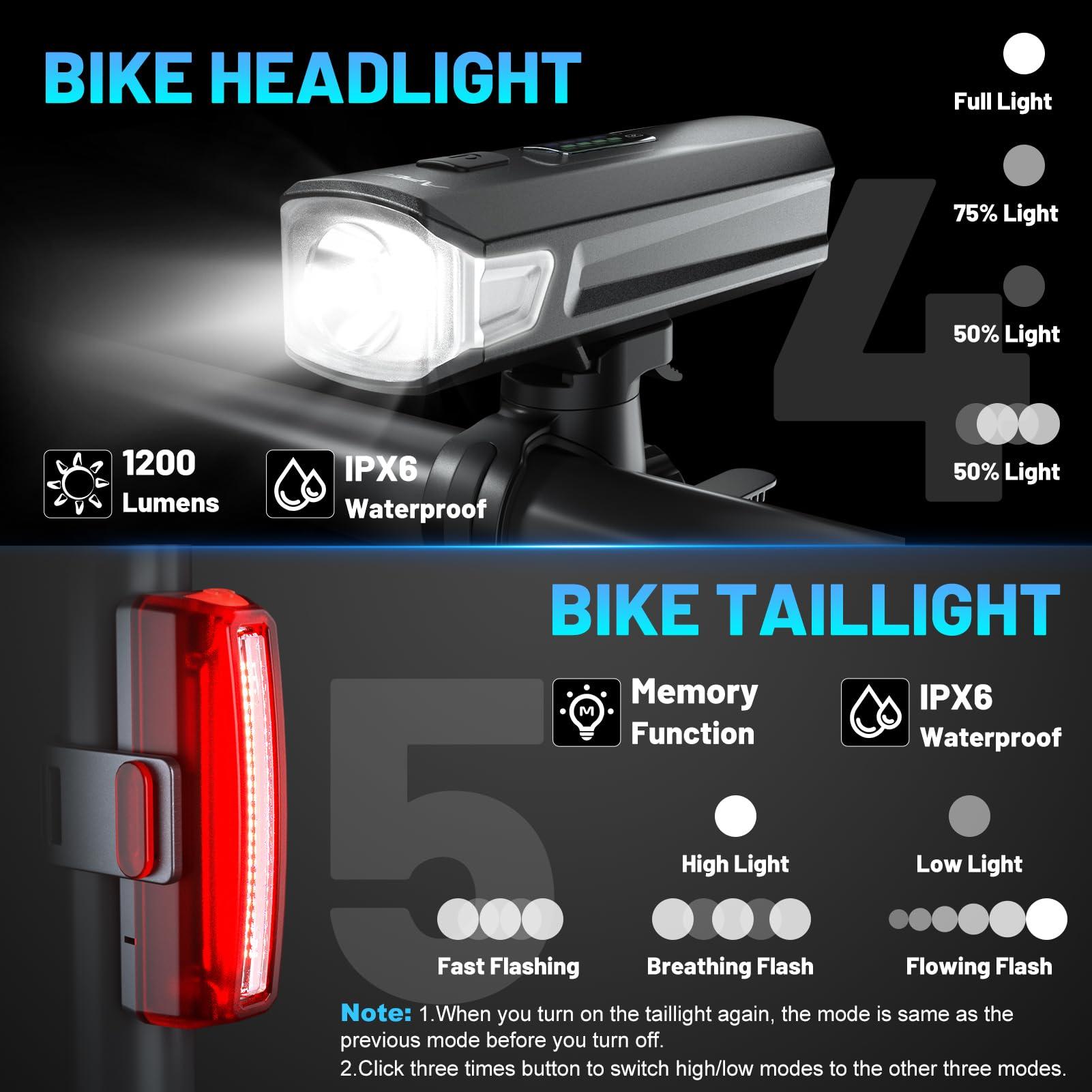 APECYC Bike Lights for Night Riding, 1200 Lumen Bicycle Front Headlight and Back Taillight with 4+5 Light Modes, USB Rechargeable Bright Bike Headlights for Cyclists and Commuters - Image 4
