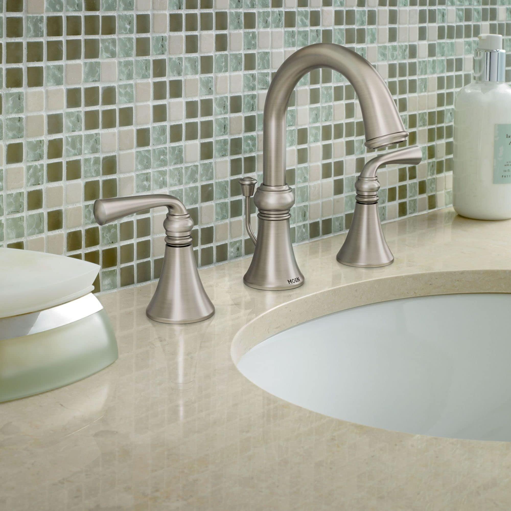 Moen Wetherly Spot Resist Brushed Nickel Two-Handle Widespread Bathroom Faucet with Valve Included, Bathroom Faucets for Sink 3-hole Deck Mounted Setup, WS84855SRN - Image 5