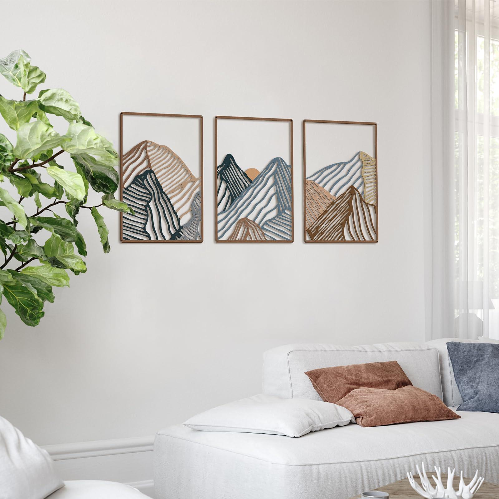 Peryiter Metal Wall Art 3 Piece Mountain Wall Art for Living Room Abstract Minimalist Mountain Line Pictures Gifts Decor for Summer Home Bathroom Office(Vibrant Colors) - Image 6