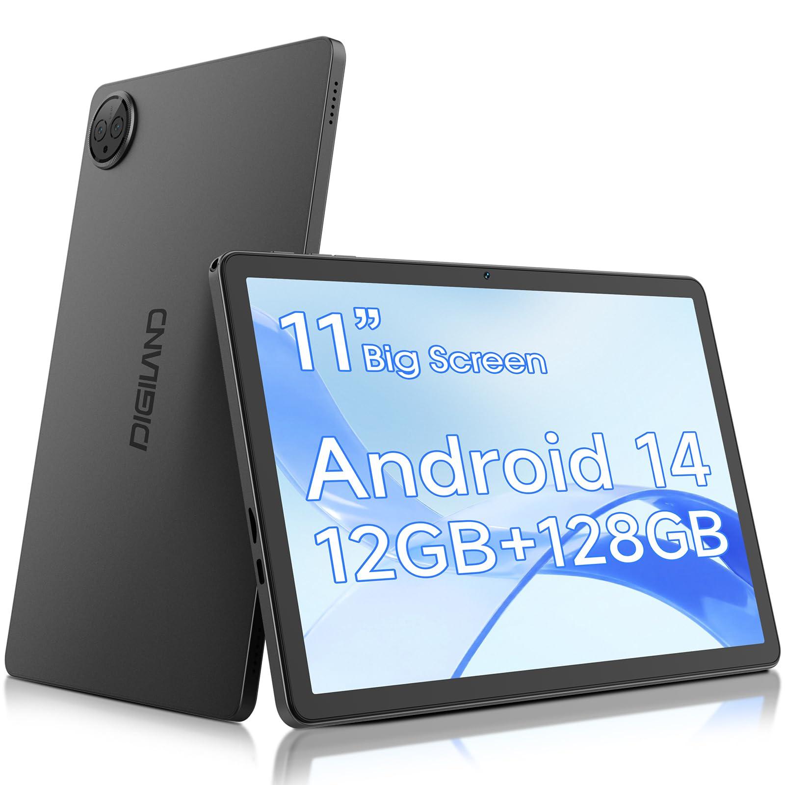 Digliand 11 Inch Android Tablet, 12GB RAM 128GB ROM, 8-Core, 7000mAh 8-Hour HD Tablet, Split Screen & Screen Mirroring, Dual Camera, Android 14 (Gray)